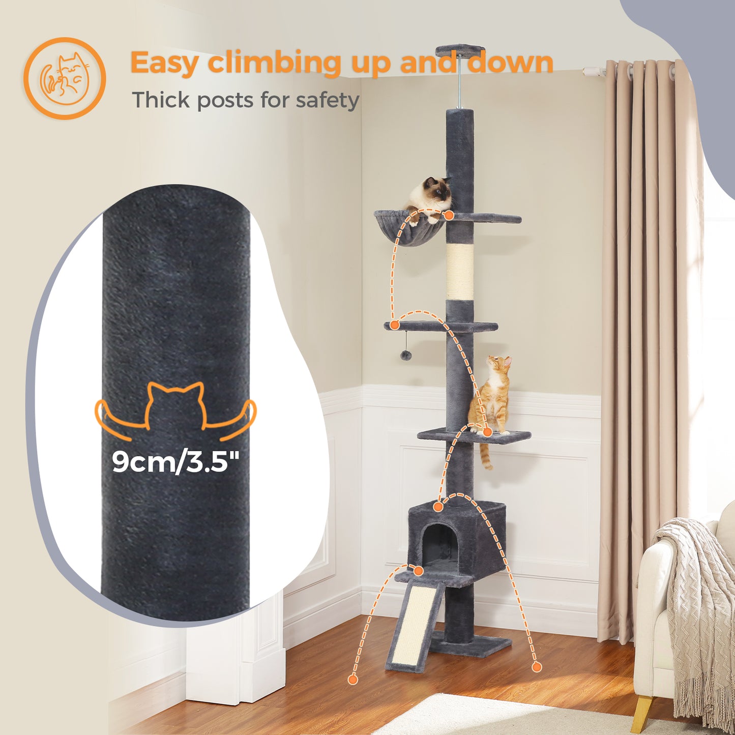 PAWZ Road Kaktus-Katzenbaum | 216-273 cm höhenverstellbar | Decken-zu-Boden-Kratzturm | mit Hängematte & Schlafhaus | Anti-Fall-Gurt