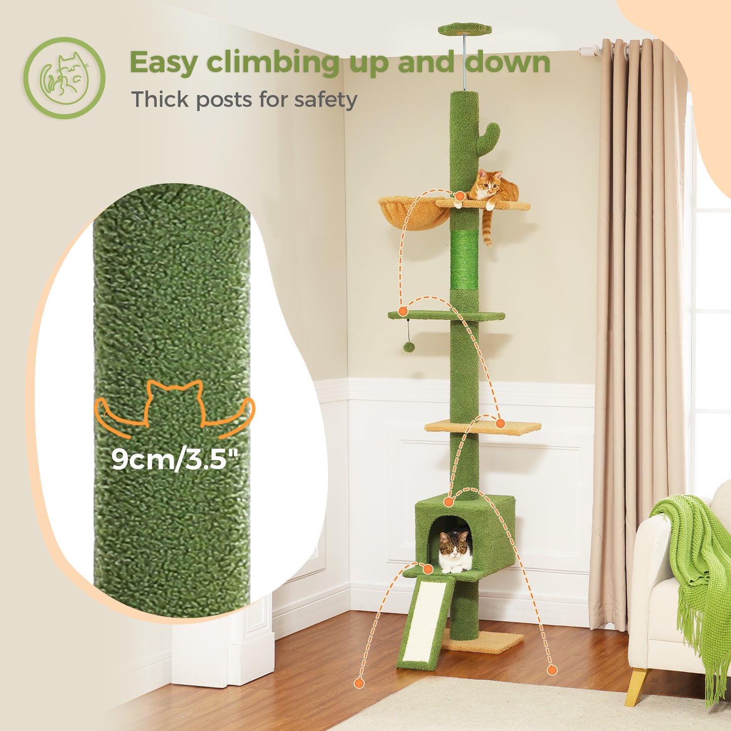 PAWZ Road Kaktus-Katzenbaum | 216-273 cm höhenverstellbar | Decken-zu-Boden-Kratzturm | mit Hängematte & Schlafhaus | Anti-Fall-Gurt