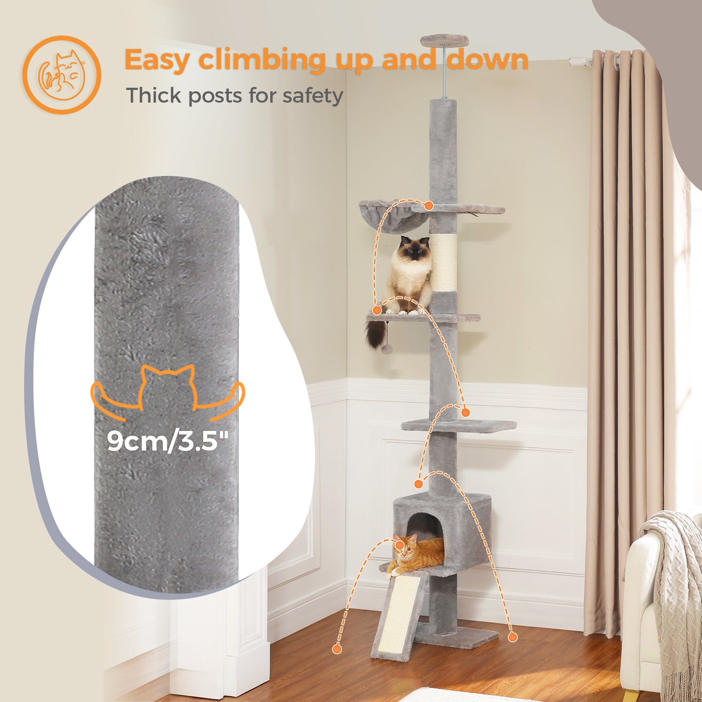 PAWZ Road Kaktus-Katzenbaum | 216-273 cm höhenverstellbar | Decken-zu-Boden-Kratzturm | mit Hängematte & Schlafhaus | Anti-Fall-Gurt