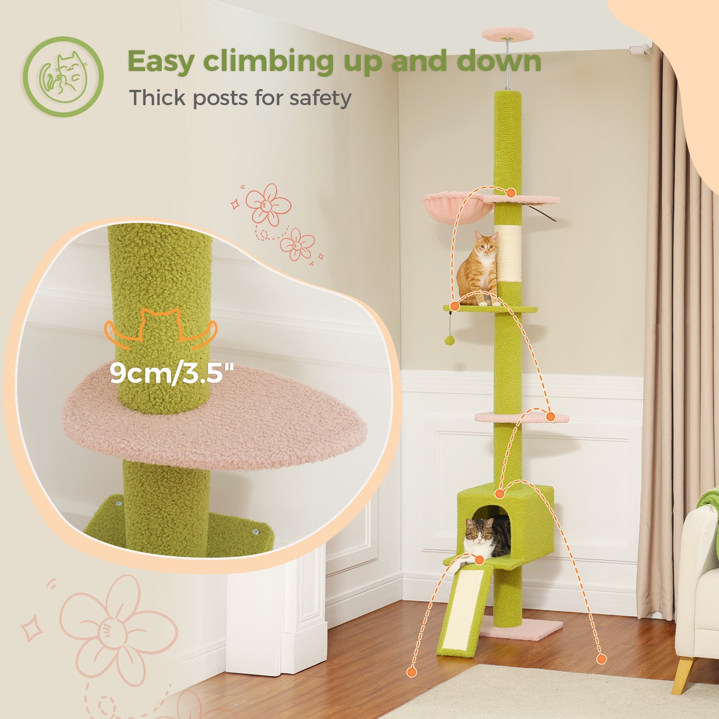 PAWZ Road Kaktus-Katzenbaum | 216-273 cm höhenverstellbar | Decken-zu-Boden-Kratzturm | mit Hängematte & Schlafhaus | Anti-Fall-Gurt