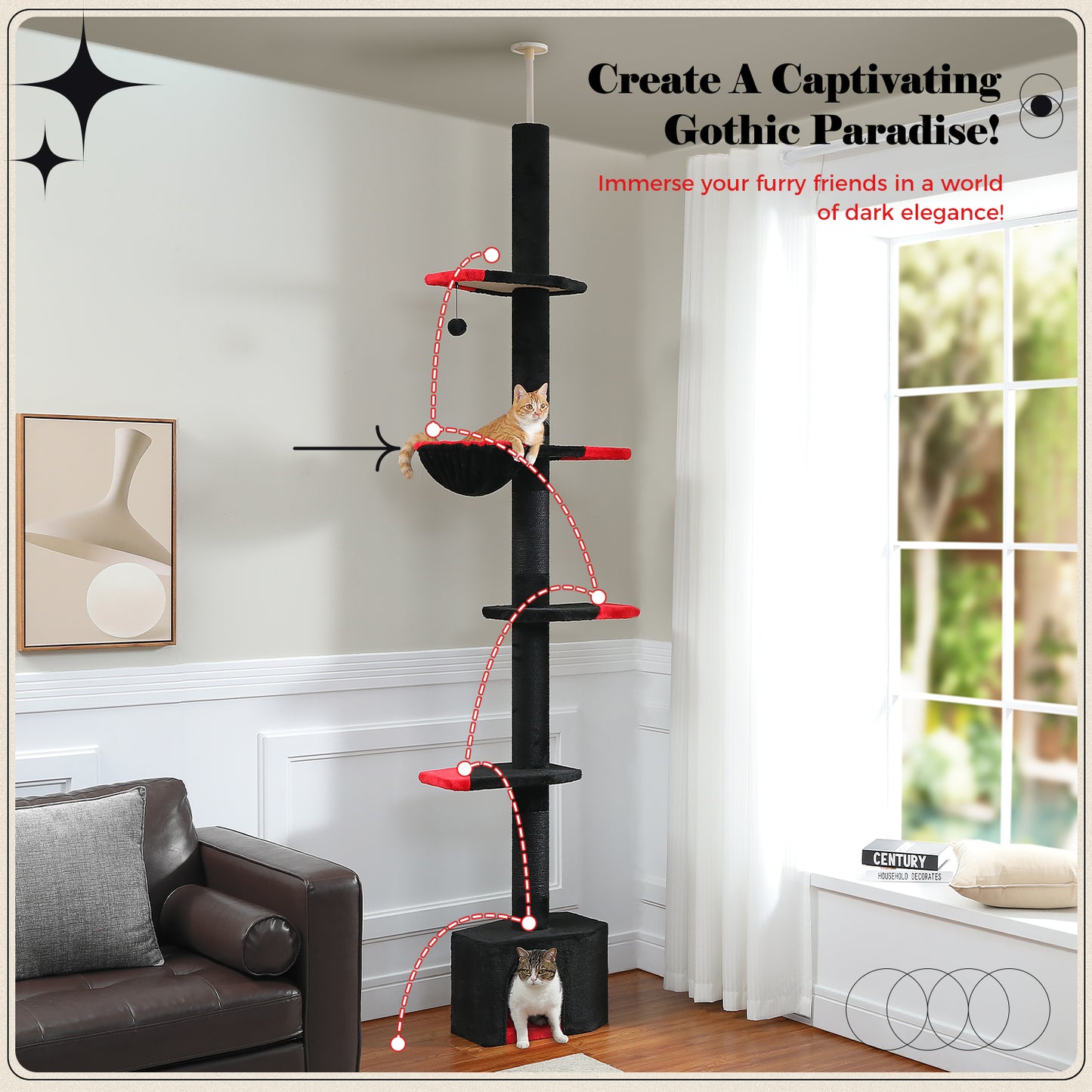 PAWZ Road Kaktus-Katzenkratzbaum | Deckenstütz-System | Höhenverstellbar (241-274 cm) | Mit Sisal-Kratzsäulen | Ideal für Großkatzen
