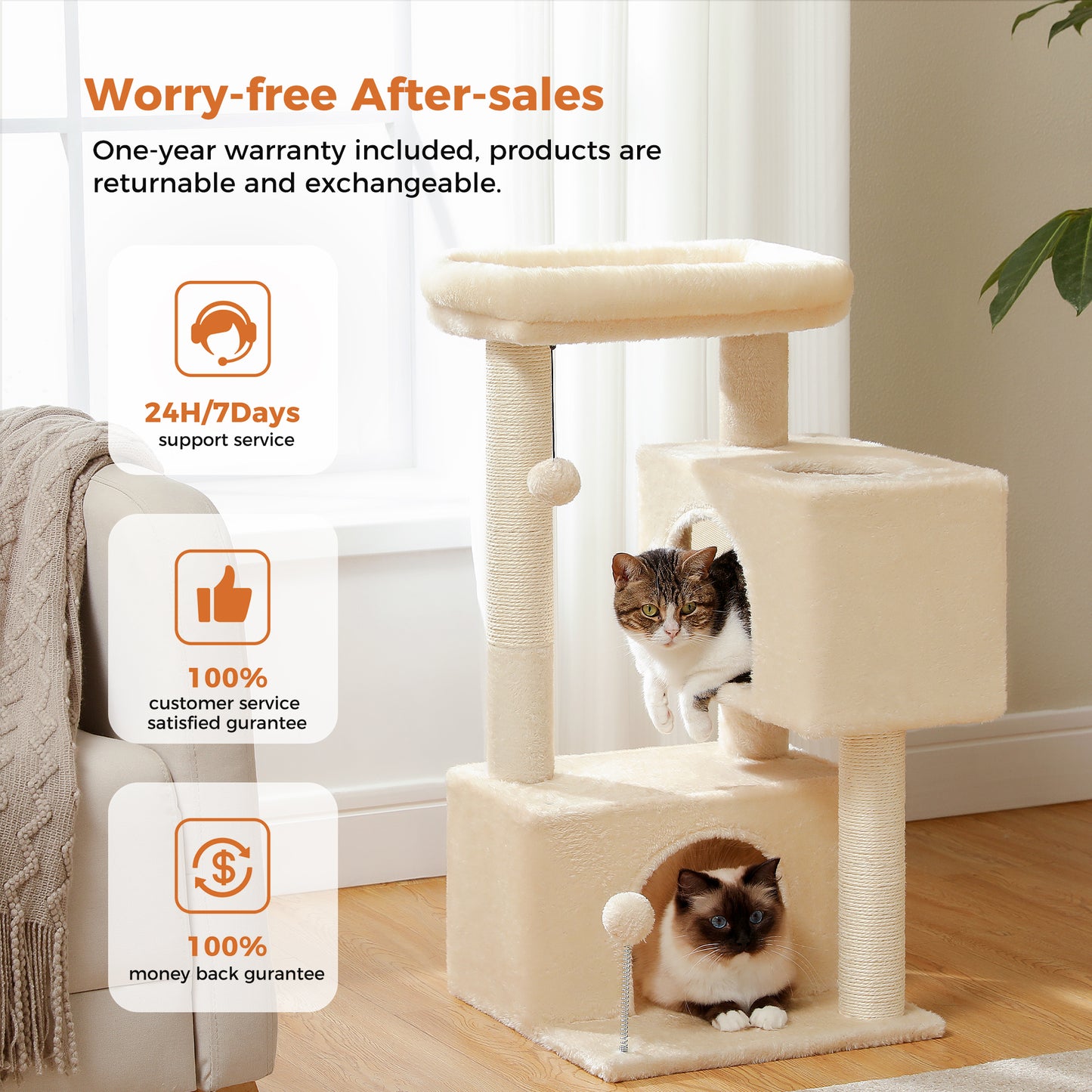 PAWZ Road Árbol para gatos domésticos de 80 cm – con 2 casas para dormir | columnas de rascado de sisal de varios niveles | superficie de descanso acolchada | incluye 2 juguetes