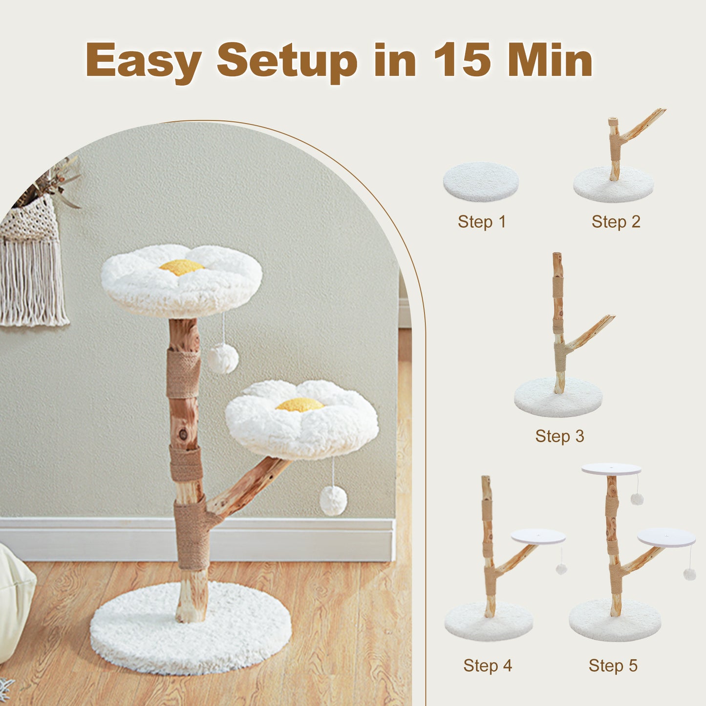 Rascador de flores moderno | Lujosa torre para gatos Boho de madera maciza | Con ramas de madera reales, columna de rascado y 2 plataformas | Diseño en blanco nube | Exclusivo para gatos de apartamento