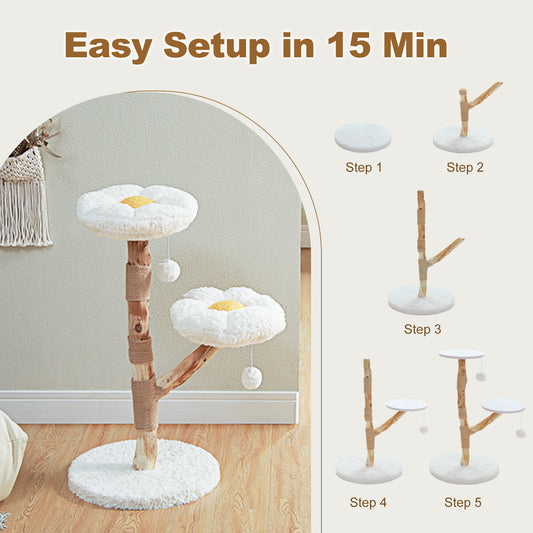 Moderno albero per gatti a forma di fiore | Lussuosa torre per gatti in stile boho in legno massello | Con veri rami di legno, tiragraffi e 2 piattaforme | Progettato in bianco nuvola | Esclusivamente per gatti da interno