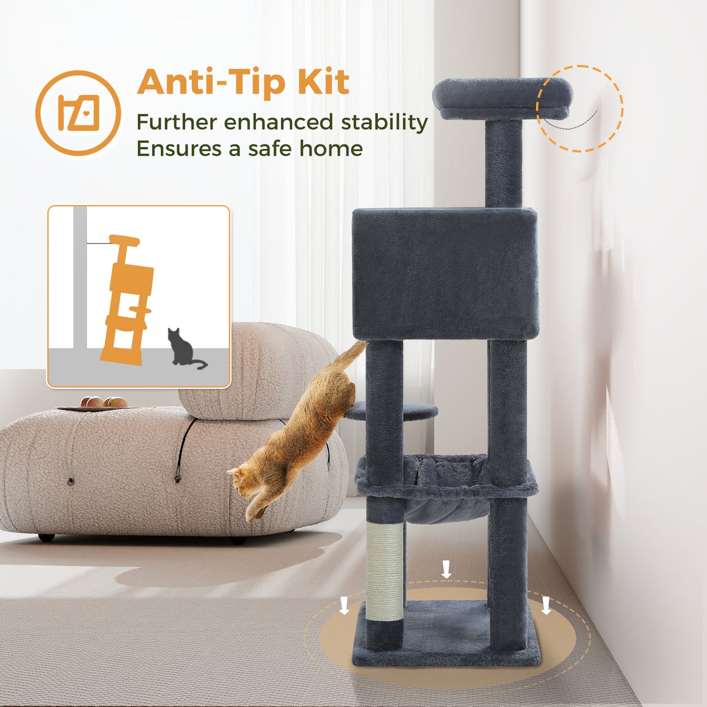 « Ensemble de protection Kippschutz » PAWZ Road Arbre à chats - Hamac métallique + Plates-formes multi-niveaux｜Base XXL 50×43cm (pour 2-3 chats)