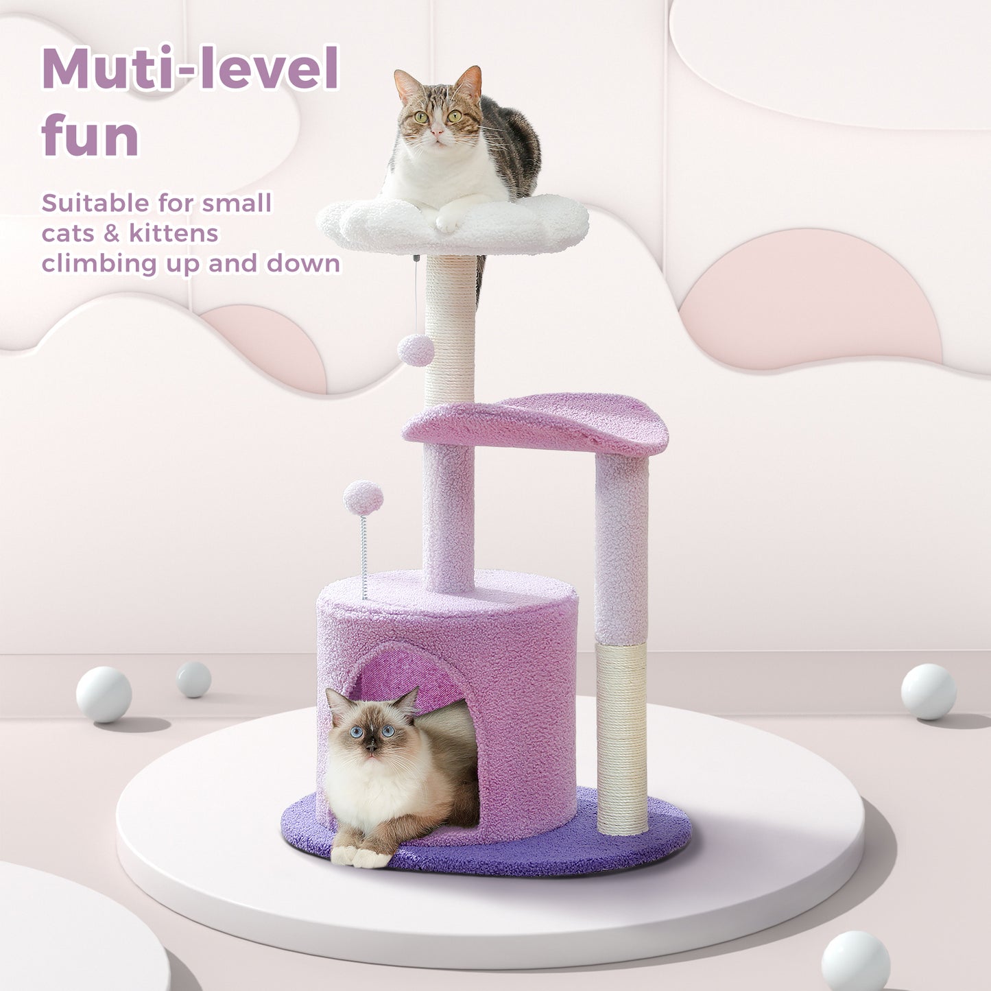 PAWZ Road Cat Tree – 81 cm purple flower cat tree | Sisal scratching posts | Cozy cat house | Cuddly platforms | Fluffy play balls