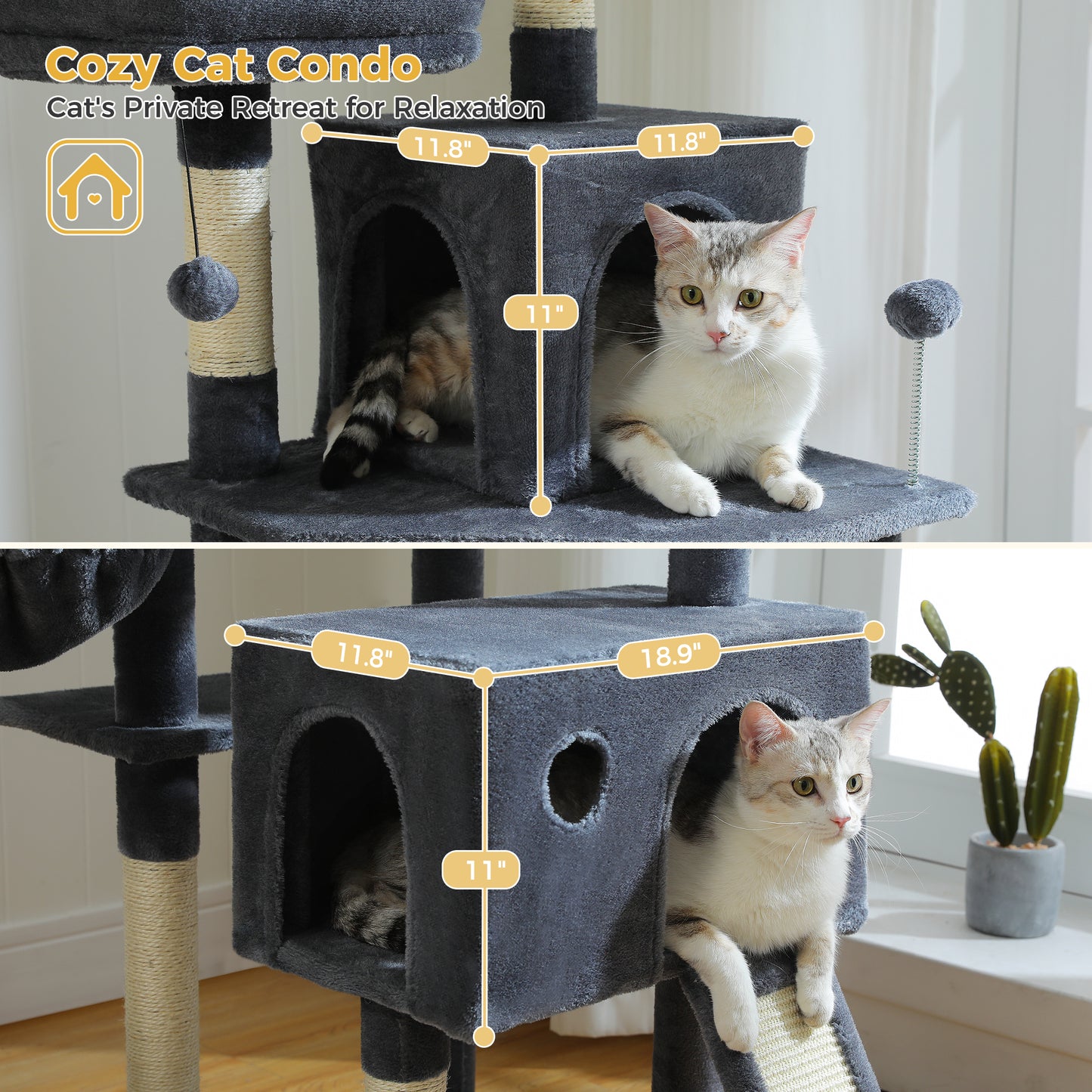 PAWZ Road XXL-Árbol rascador 162cm | Columnas rascadoras envueltas en sisal | Con gran hamaca + 2 plataformas superiores | Incl. pelotas de juego intercambiables | Para razas de gatos grandes