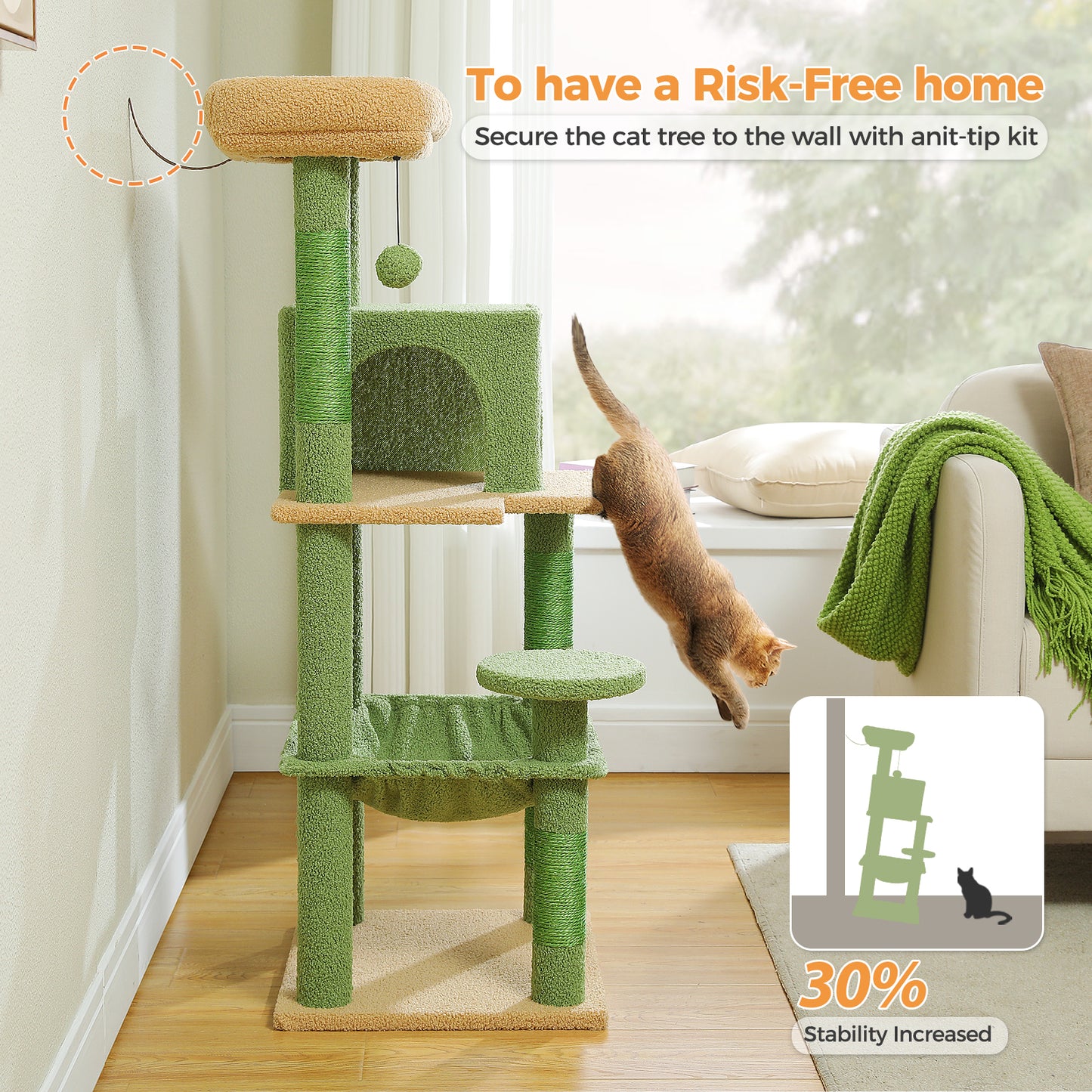PAWZ Road 116 cm Katzenbaum mittelgroßer Kratzturm mit 4 Sisal-Kratzpfosten, Metallrahmen großer Hängematte und gemütlichem Schlafhaus, Aktivitätszentrum stabil und robust