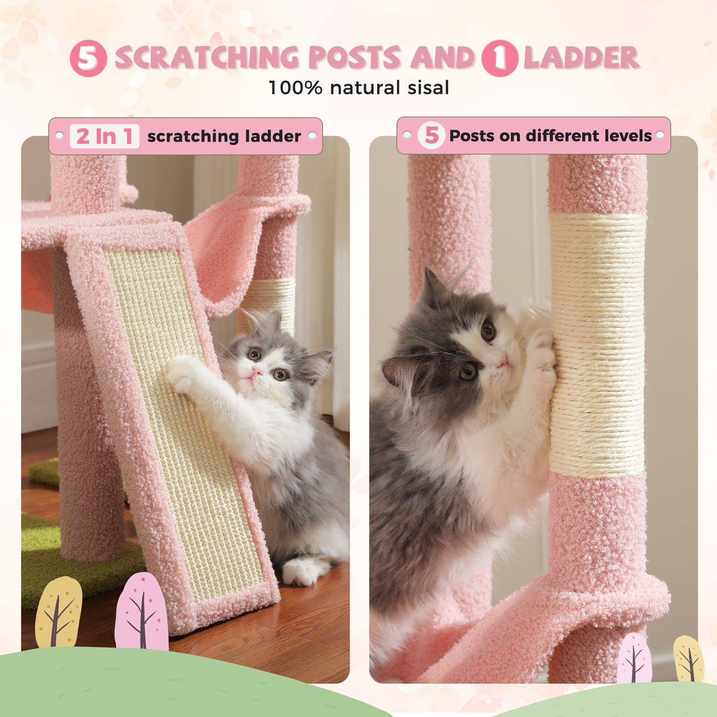PAWZ Road Cactus Cat Tree – Ceiling-high scratching post with adjustable height (215-285 cm) | 7-tier climbing center | with hammocks | 5 platforms | sisal scratching posts