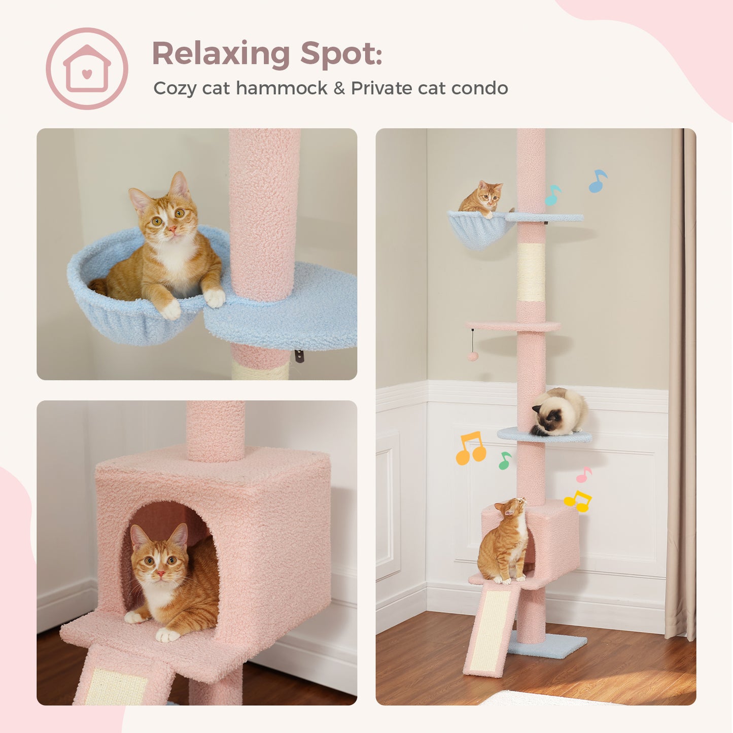 PAWZ Road Kaktus-Katzenbaum | 216-273 cm höhenverstellbar | Decken-zu-Boden-Kratzturm | mit Hängematte & Schlafhaus | Anti-Fall-Gurt