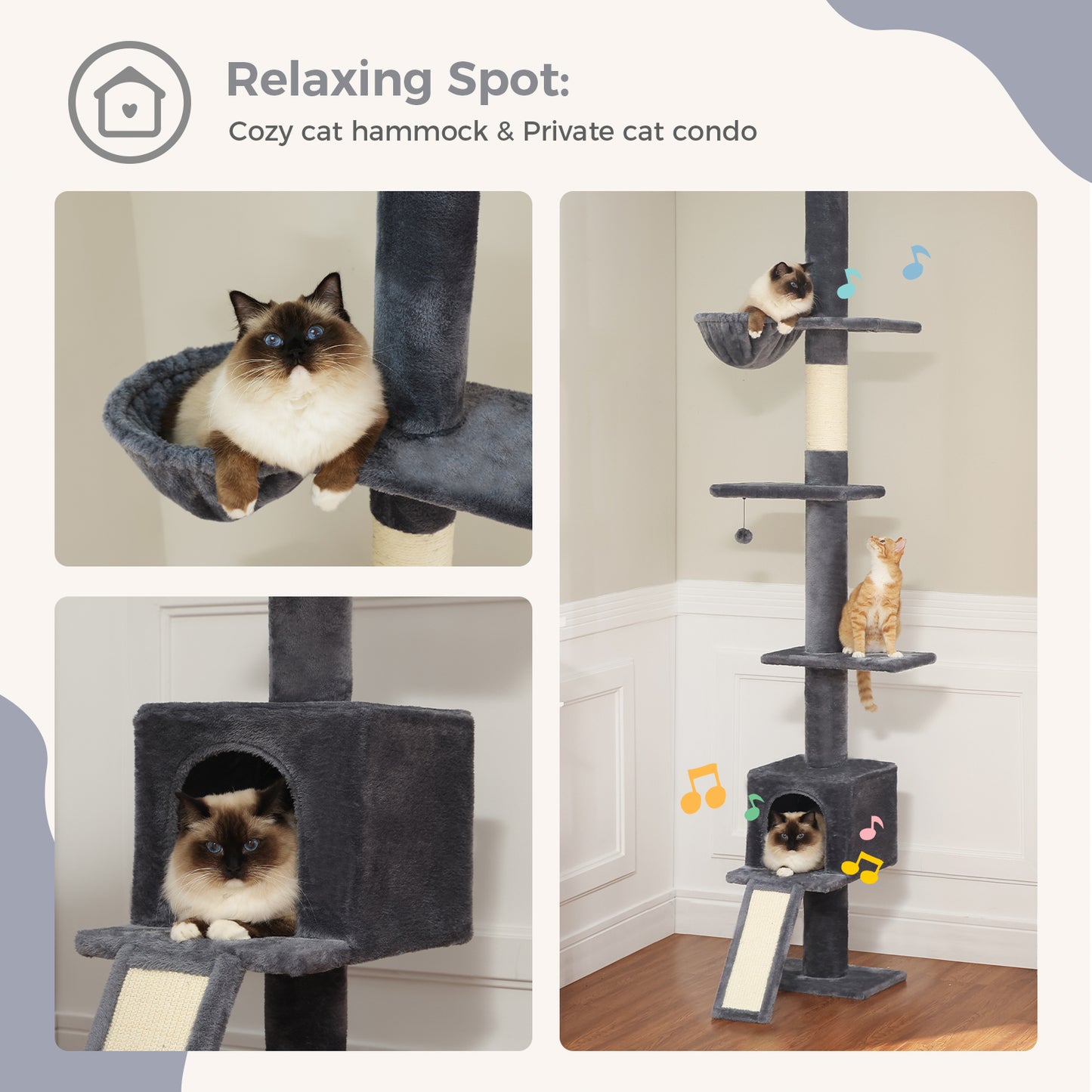 PAWZ Road Kaktus-Katzenbaum | 216-273 cm höhenverstellbar | Decken-zu-Boden-Kratzturm | mit Hängematte & Schlafhaus | Anti-Fall-Gurt