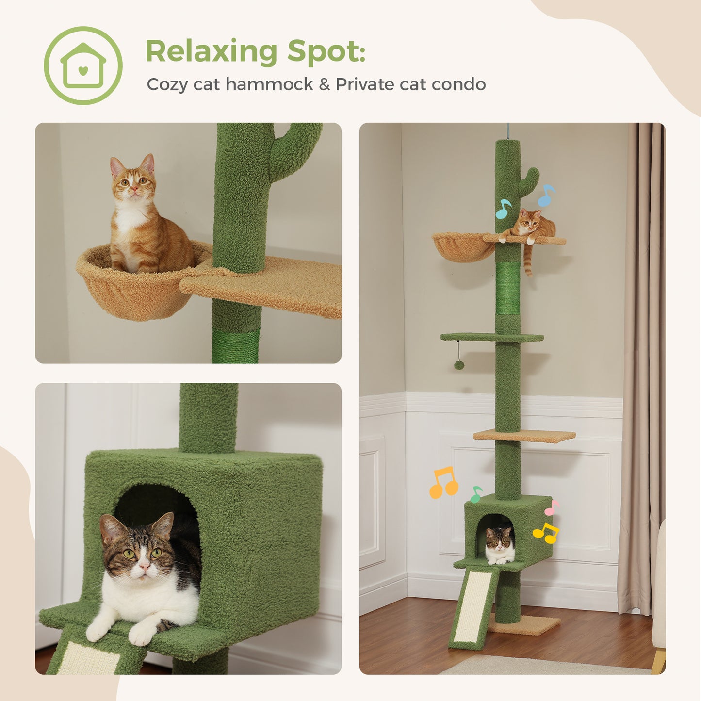 PAWZ Road Kaktus-Katzenbaum | 216-273 cm höhenverstellbar | Decken-zu-Boden-Kratzturm | mit Hängematte & Schlafhaus | Anti-Fall-Gurt