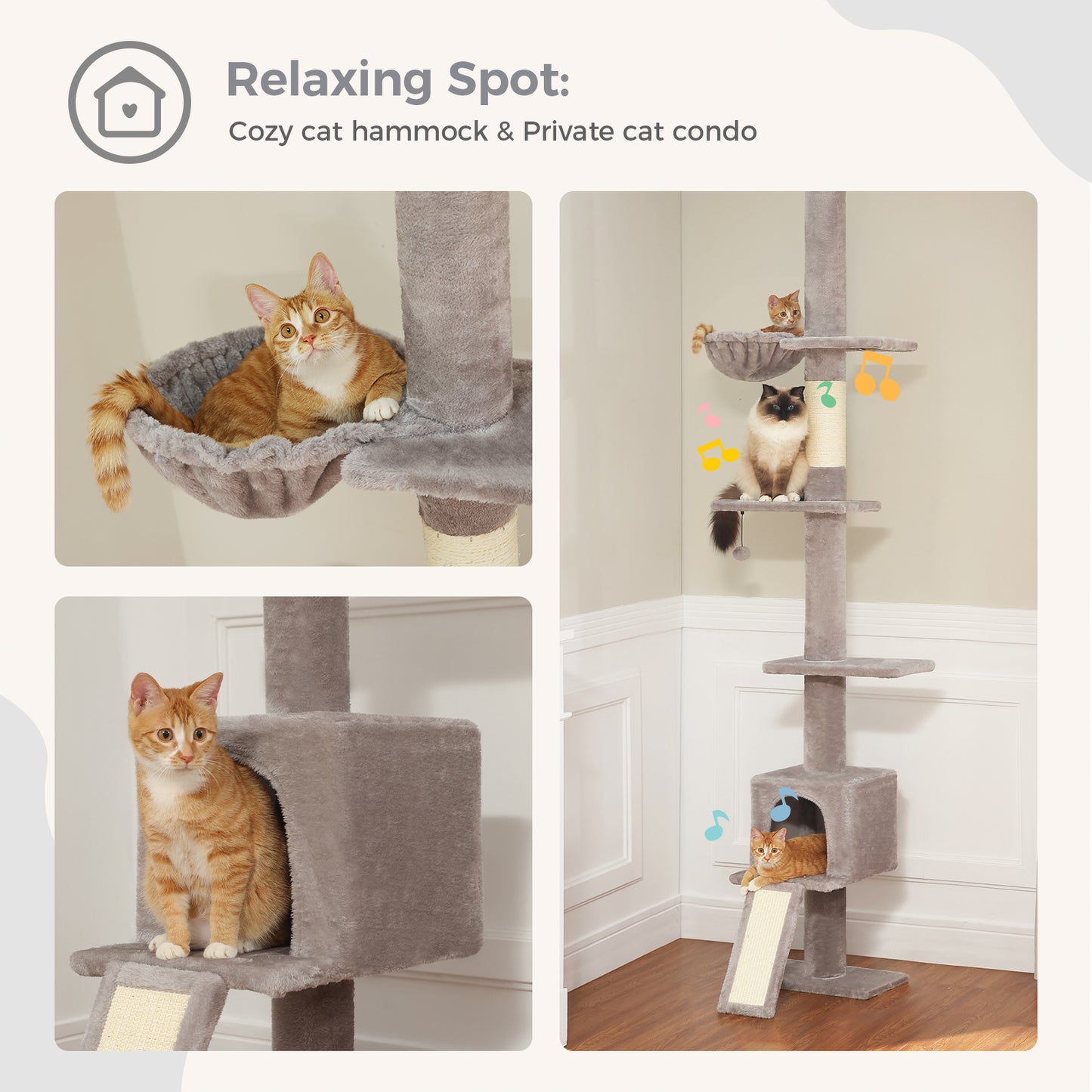 PAWZ Road Kaktus-Katzenbaum | 216-273 cm höhenverstellbar | Decken-zu-Boden-Kratzturm | mit Hängematte & Schlafhaus | Anti-Fall-Gurt