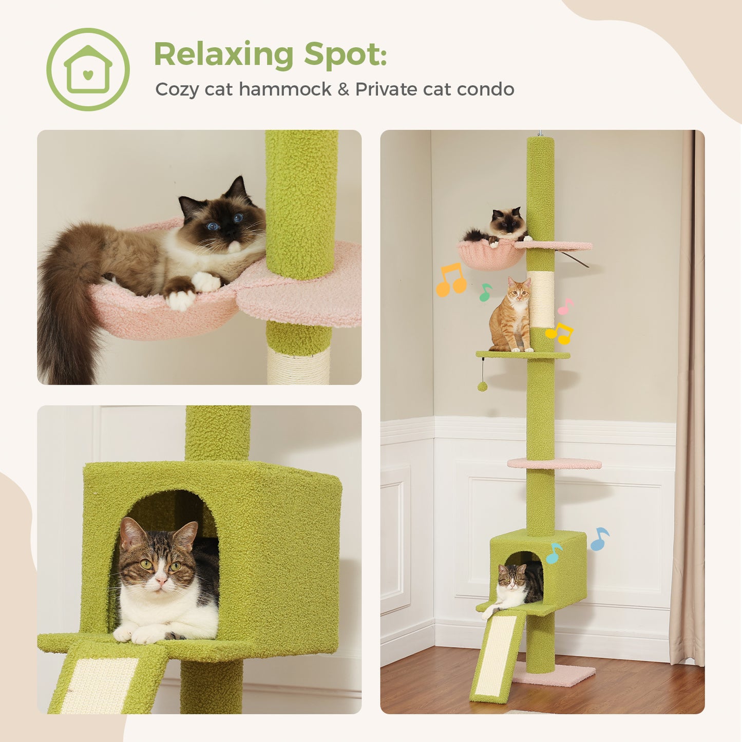 PAWZ Road Kaktus-Katzenbaum | 216-273 cm höhenverstellbar | Decken-zu-Boden-Kratzturm | mit Hängematte & Schlafhaus | Anti-Fall-Gurt