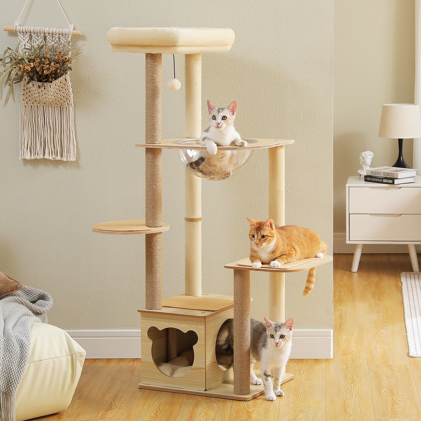 PAWZ Road Rascador Moderno | Torre para Gatos de 135 cm para Apartamentos | Con 4 Columnas de Sisal para Rascar | Casita de Sueño en Forma de Cápsula y Pelotas de Juego
