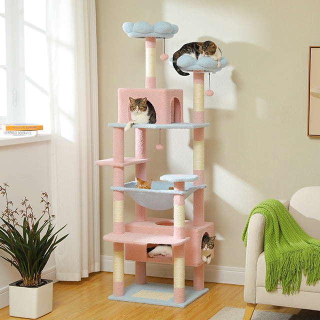 PAWZ Road Arbre à gratter, 136 cm de haut | avec hamac spacieux | maison de repos et poteau à gratter | deux plateformes rembourrées | maison pour chats adaptée aux chats d'appartement de grande taille