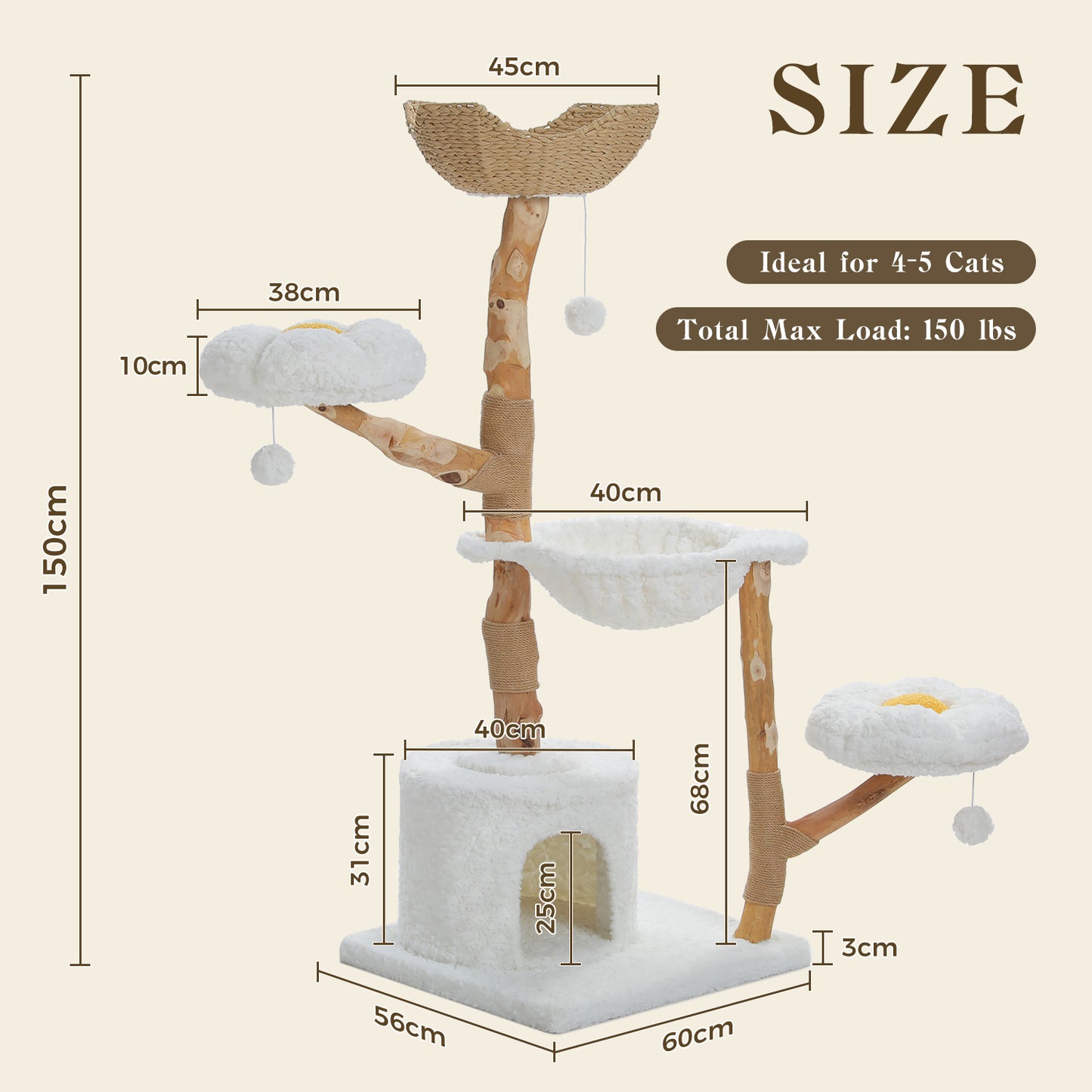 Torre moderna per gatti (per gatti di grossa taglia) con 2 piattaforme a forma di fiore | 150 cm | Tiragraffi naturale in legno massello con veri rami | Lussuoso mobile boho per gatti con cuccia + cestino intrecciato (bianco nuvola)