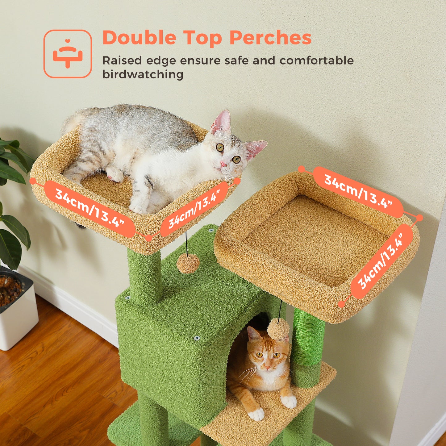 PAWZ Road Kratzbaum, 133 cm mehrstufiger Katzenbaum für Wohnungskatzen, plüschiges Katzenhaus mit 2 gepolsterten Liegeflächen, 2 Schlafhäusern & 2 Kratzpfeilern