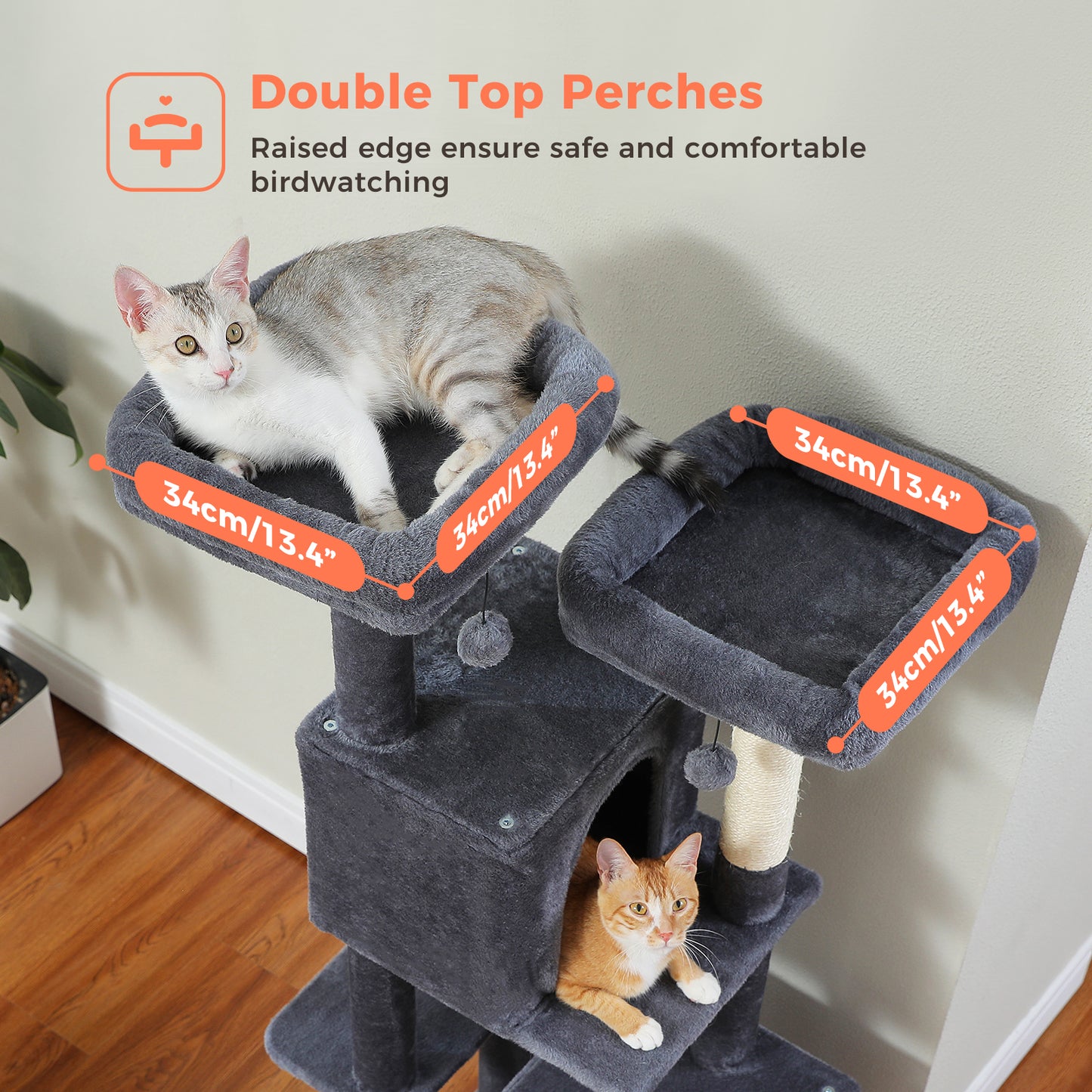 PAWZ Road Kratzbaum, 133 cm mehrstufiger Katzenbaum für Wohnungskatzen, plüschiges Katzenhaus mit 2 gepolsterten Liegeflächen, 2 Schlafhäusern & 2 Kratzpfeilern