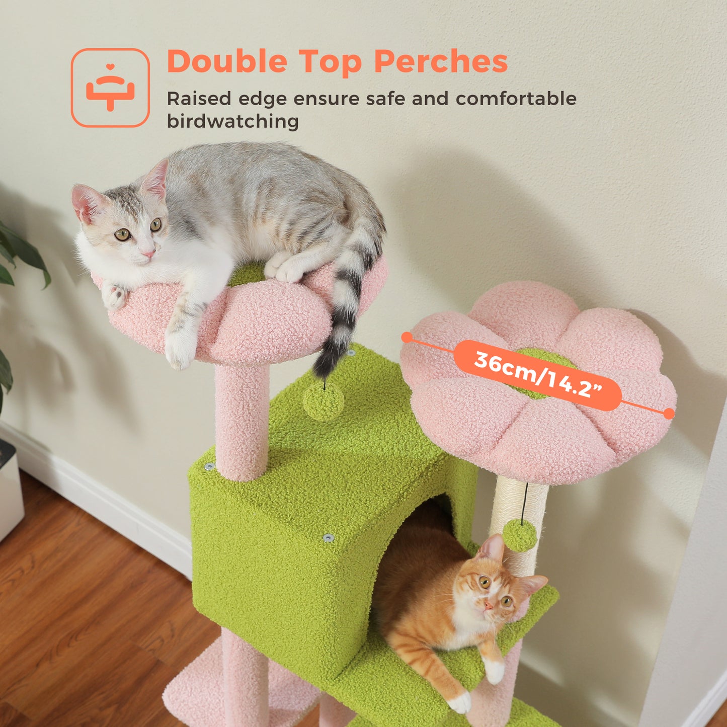 PAWZ Road Kratzbaum, 133 cm mehrstufiger Katzenbaum für Wohnungskatzen, plüschiges Katzenhaus mit 2 gepolsterten Liegeflächen, 2 Schlafhäusern & 2 Kratzpfeilern