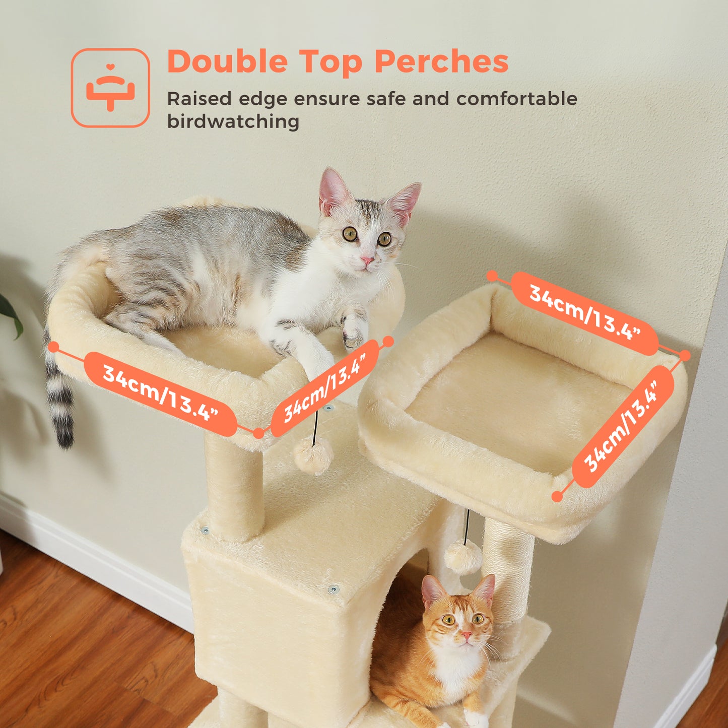 PAWZ Road Kratzbaum, 133 cm mehrstufiger Katzenbaum für Wohnungskatzen, plüschiges Katzenhaus mit 2 gepolsterten Liegeflächen, 2 Schlafhäusern & 2 Kratzpfeilern