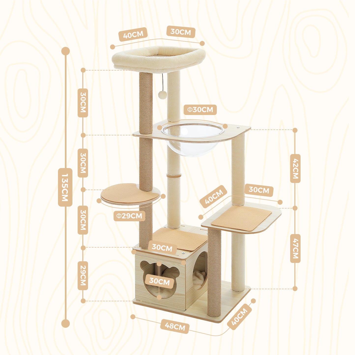 PAWZ Road Rascador Moderno | Torre para Gatos de 135 cm para Apartamentos | Con 4 Columnas de Sisal para Rascar | Casita de Sueño en Forma de Cápsula y Pelotas de Juego