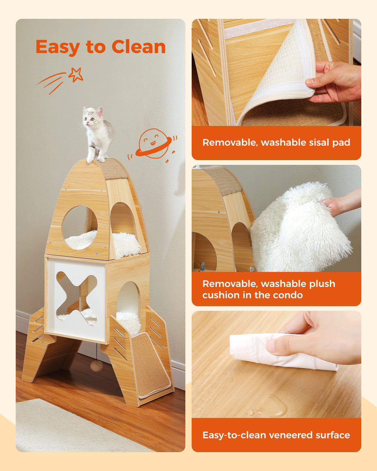 PAWZ Road Rascador Moderno de Cohetes | 120 cm | Árbol para Gatos de Madera Maciza | Torre de Escalada Interior para Gatos