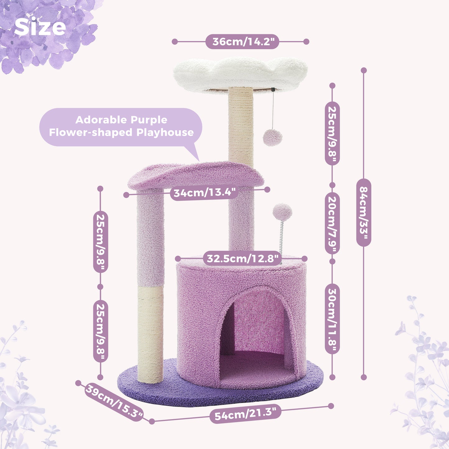 PAWZ Road Cat Tree – 81 cm purple flower cat tree | Sisal scratching posts | Cozy cat house | Cuddly platforms | Fluffy play balls