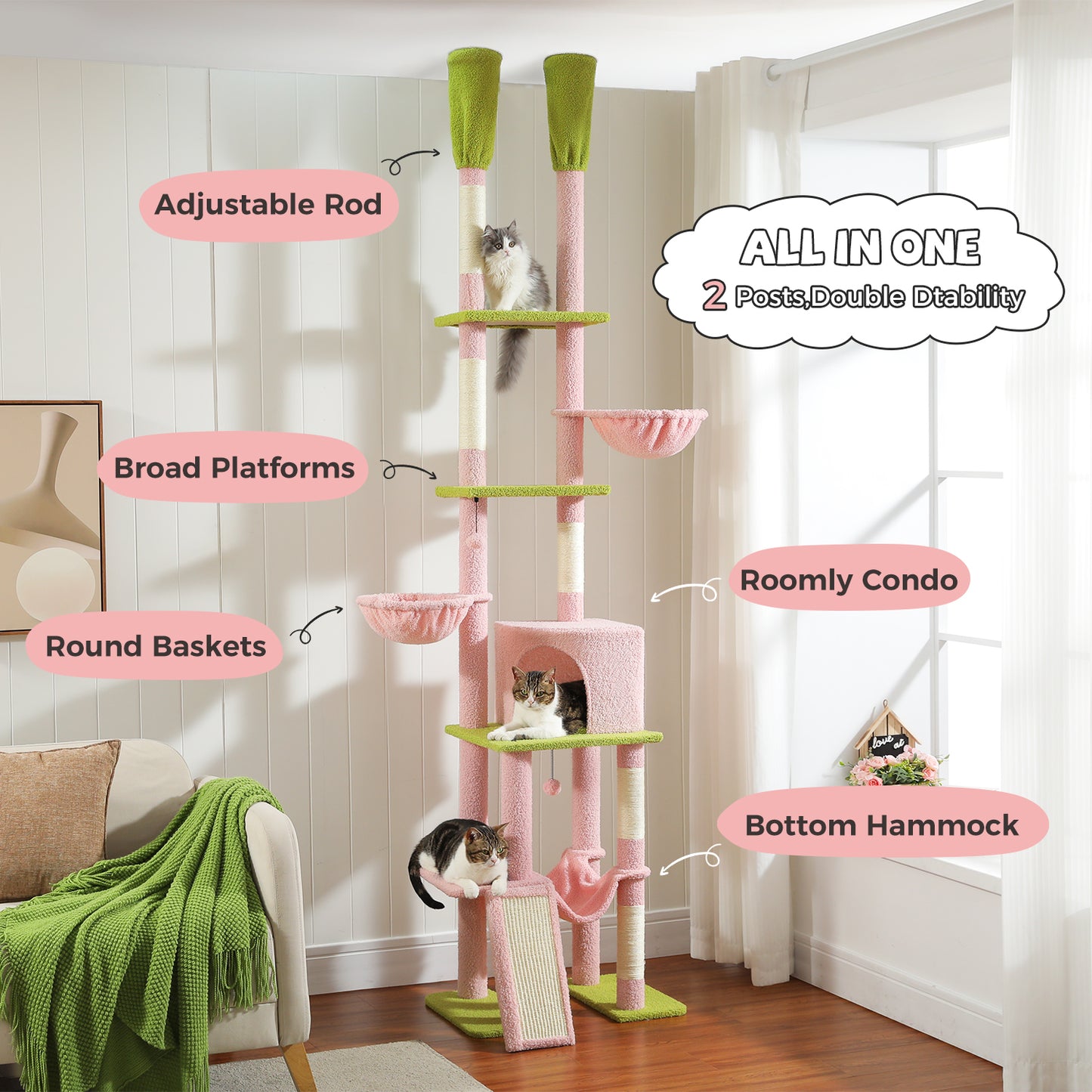 PAWZ Road Kaktus-Katzenbaum Deckenhoher Kratzbaum mit verstellbarer H?he (215-285 cm) | 7-Etagen Kletterzentrum | mit H?ngematten | 5 Plattformen | Sisal-Kratzs?ulen