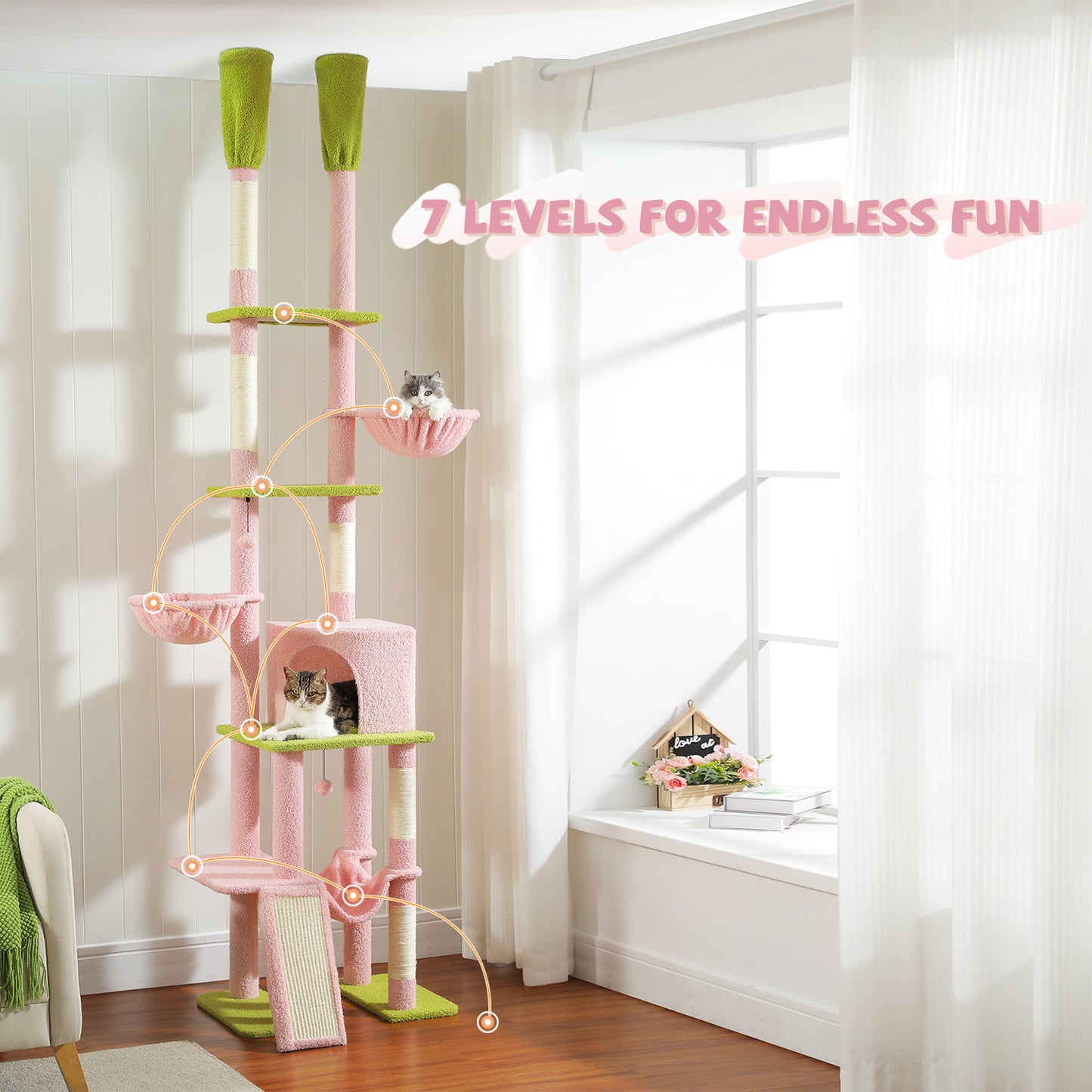 PAWZ Road Kaktus-Katzenbaum Deckenhoher Kratzbaum mit verstellbarer H?he (215-285 cm) | 7-Etagen Kletterzentrum | mit H?ngematten | 5 Plattformen | Sisal-Kratzs?ulen