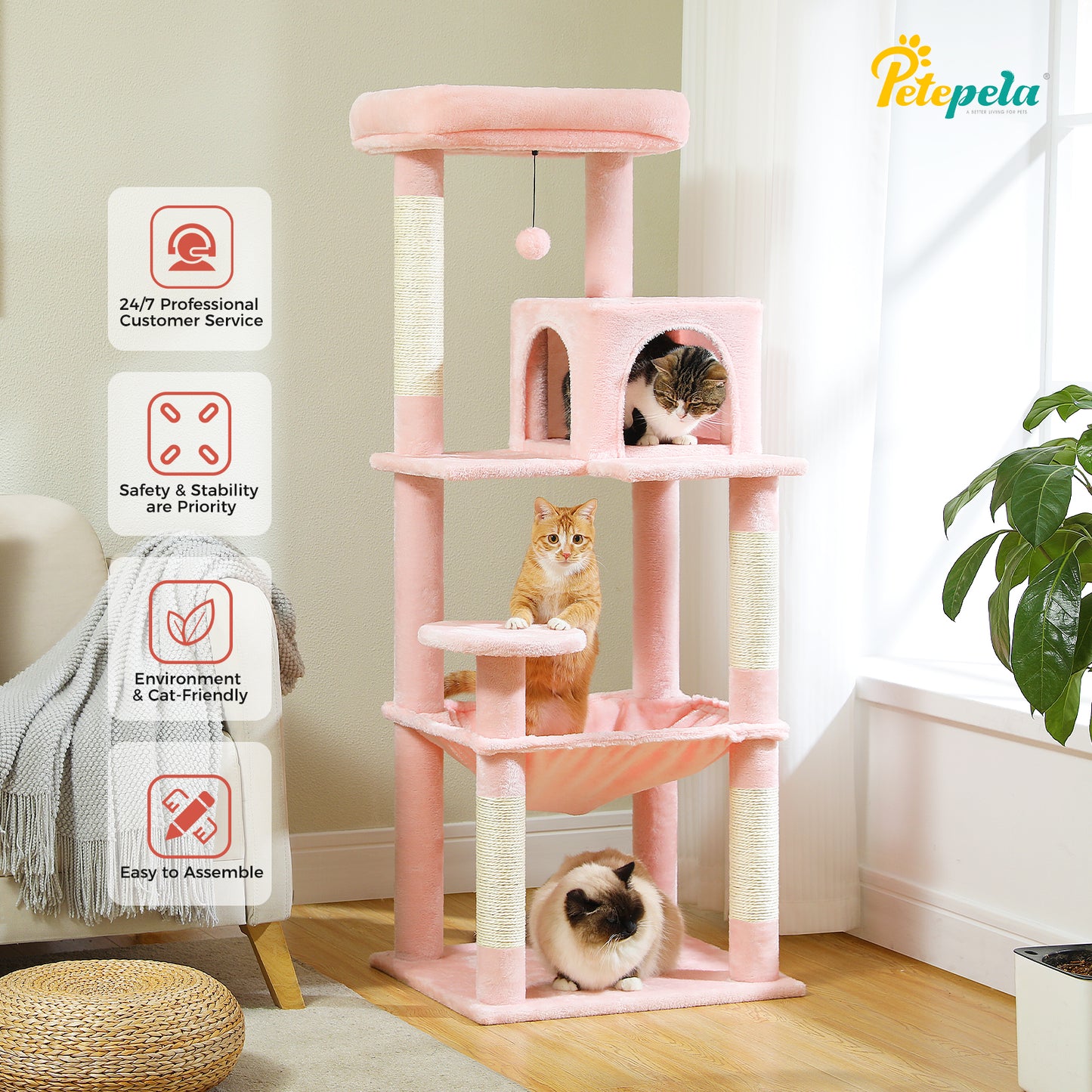 PAWZ Road Cat Tree - Luxury Plush Cat House + Hammock | Sisal Scratching Post + Viewing Platform