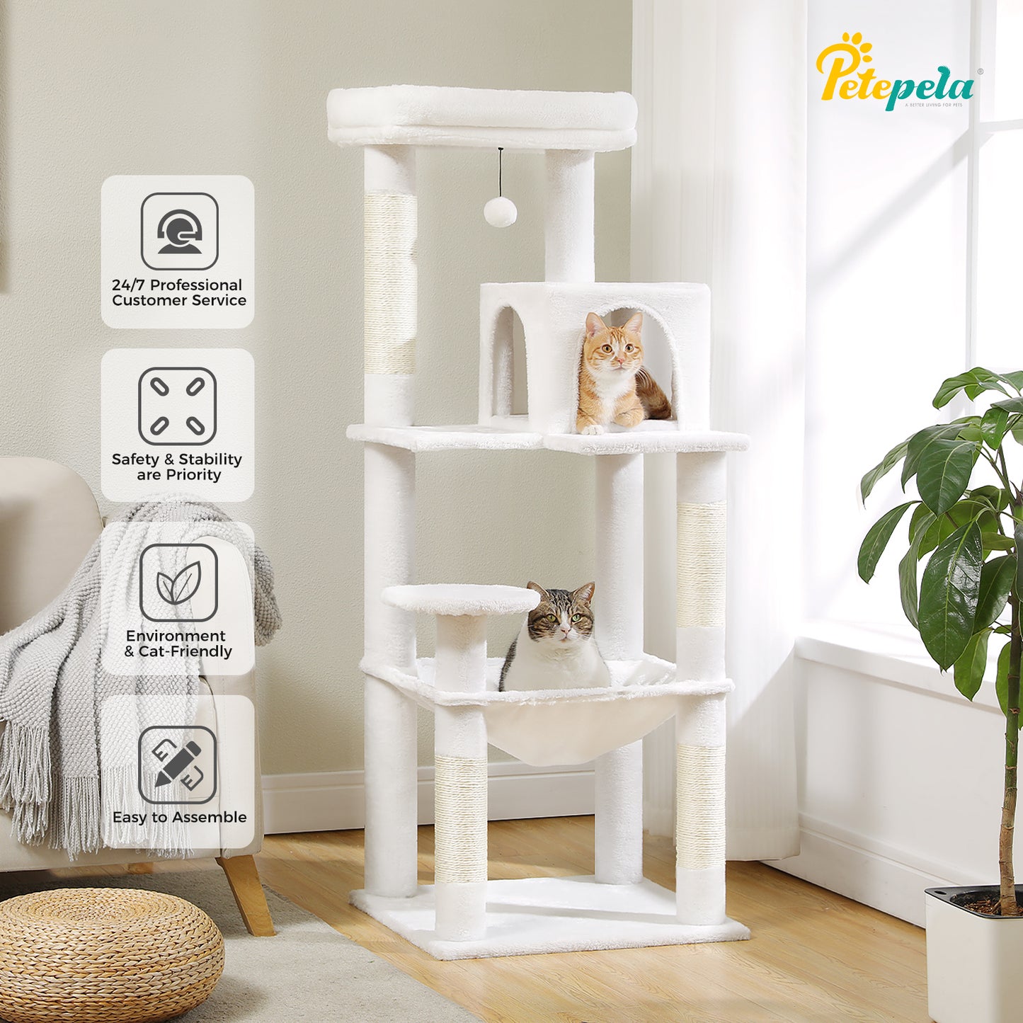 PAWZ Road Cat Tree - Luxury Plush Cat House + Hammock | Sisal Scratching Post + Viewing Platform