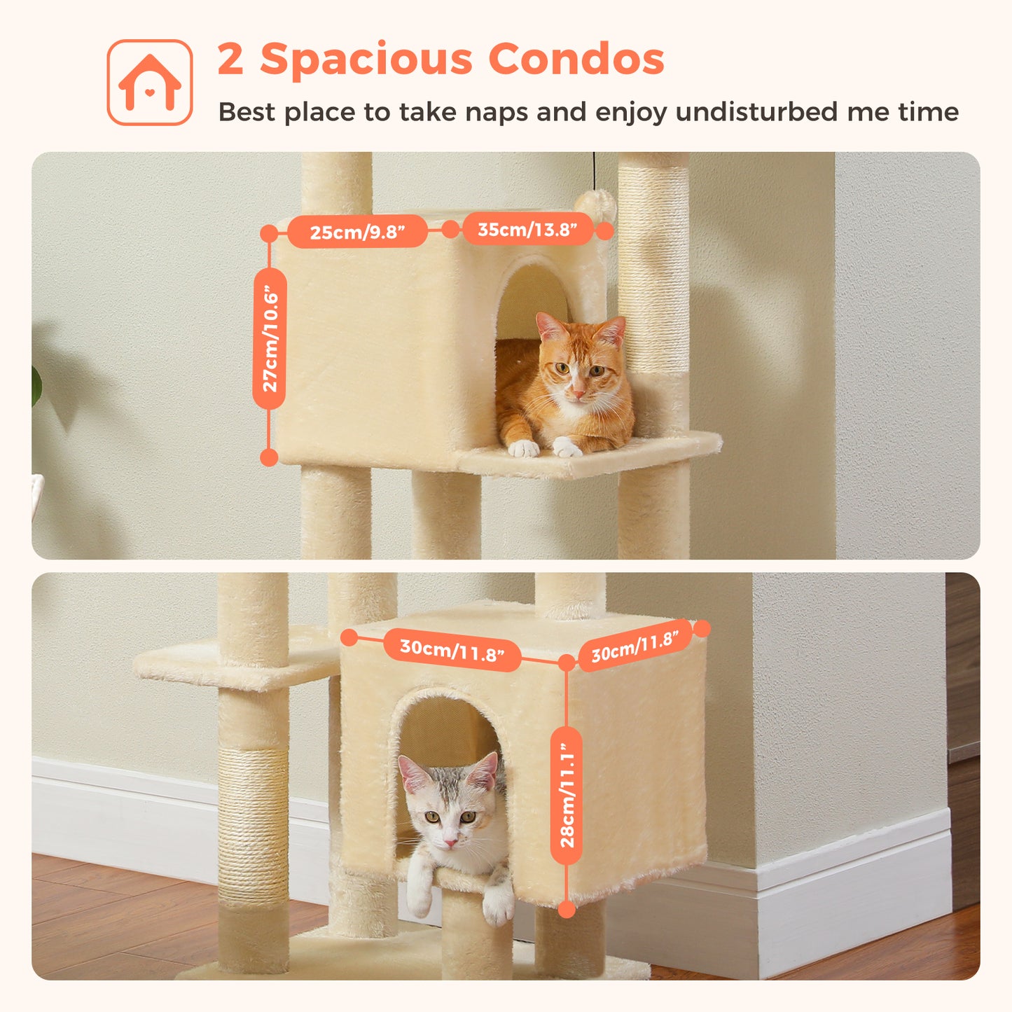 PAWZ Road Kratzbaum, 133 cm mehrstufiger Katzenbaum für Wohnungskatzen, plüschiges Katzenhaus mit 2 gepolsterten Liegeflächen, 2 Schlafhäusern & 2 Kratzpfeilern