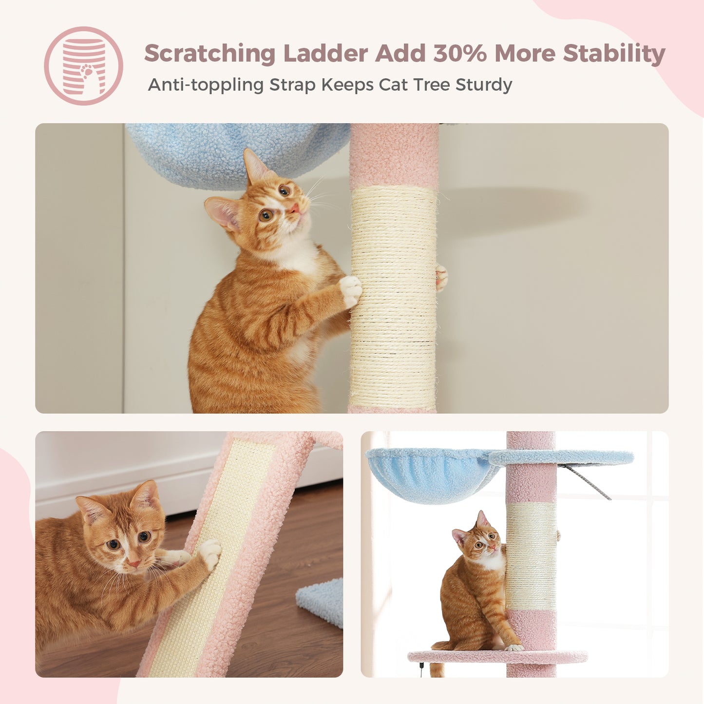 PAWZ Road Kaktus-Katzenbaum | 216-273 cm höhenverstellbar | Decken-zu-Boden-Kratzturm | mit Hängematte & Schlafhaus | Anti-Fall-Gurt