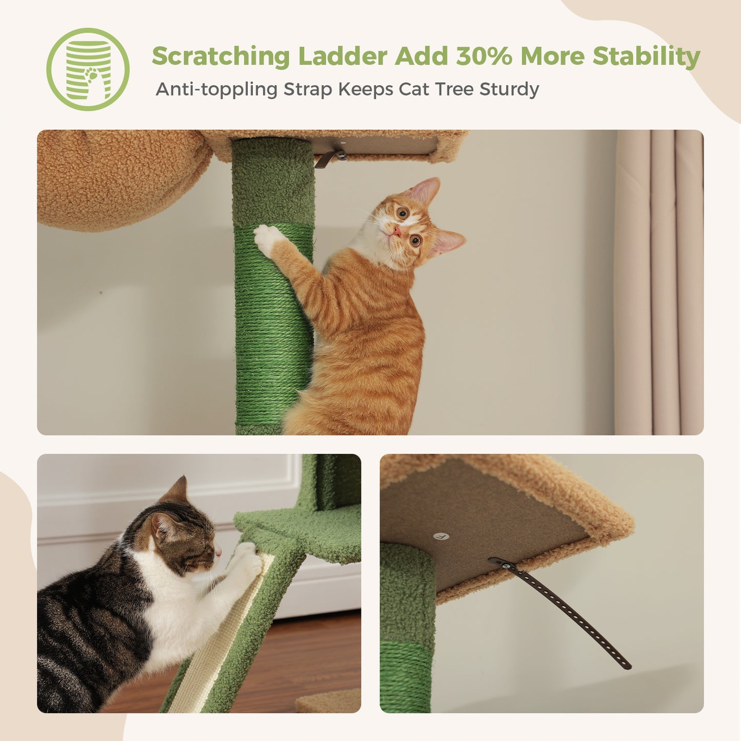PAWZ Road Kaktus-Katzenbaum | 216-273 cm höhenverstellbar | Decken-zu-Boden-Kratzturm | mit Hängematte & Schlafhaus | Anti-Fall-Gurt