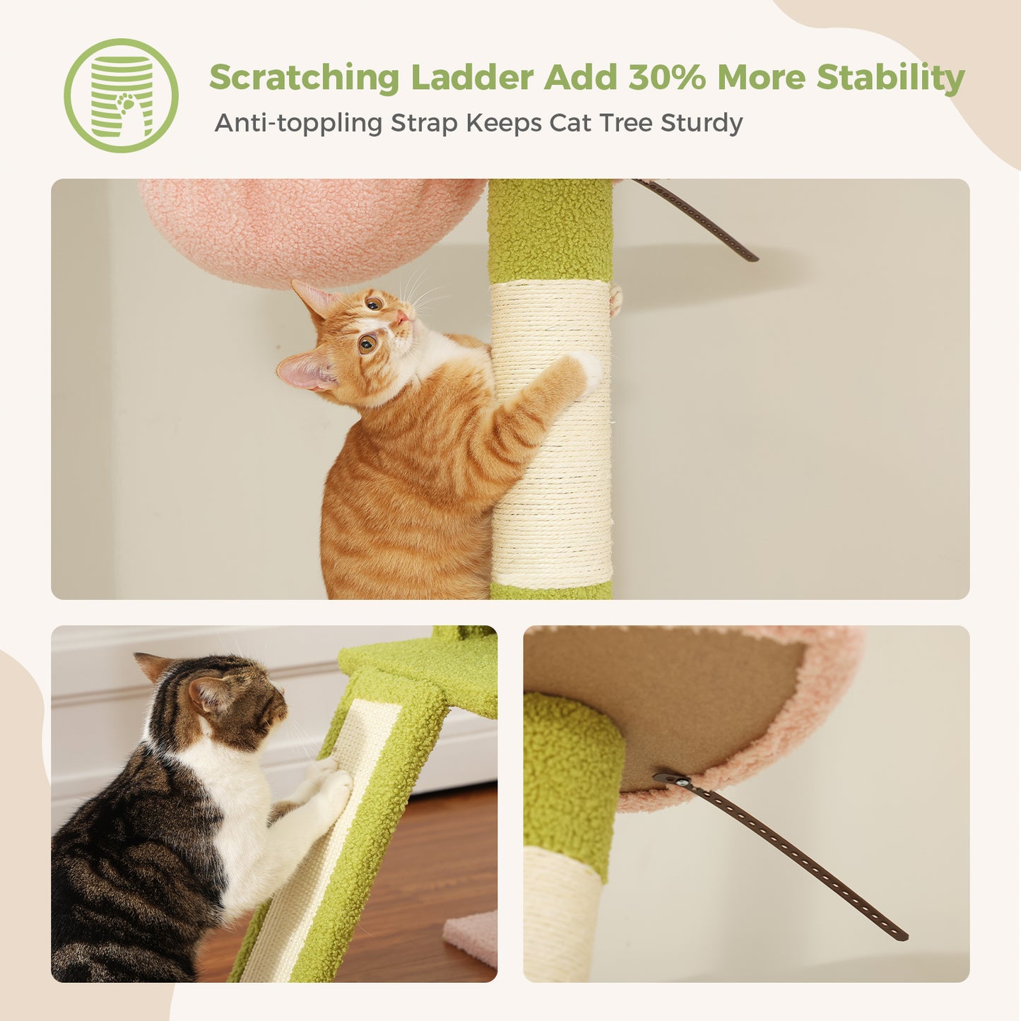 PAWZ Road Kaktus-Katzenbaum | 216-273 cm höhenverstellbar | Decken-zu-Boden-Kratzturm | mit Hängematte & Schlafhaus | Anti-Fall-Gurt