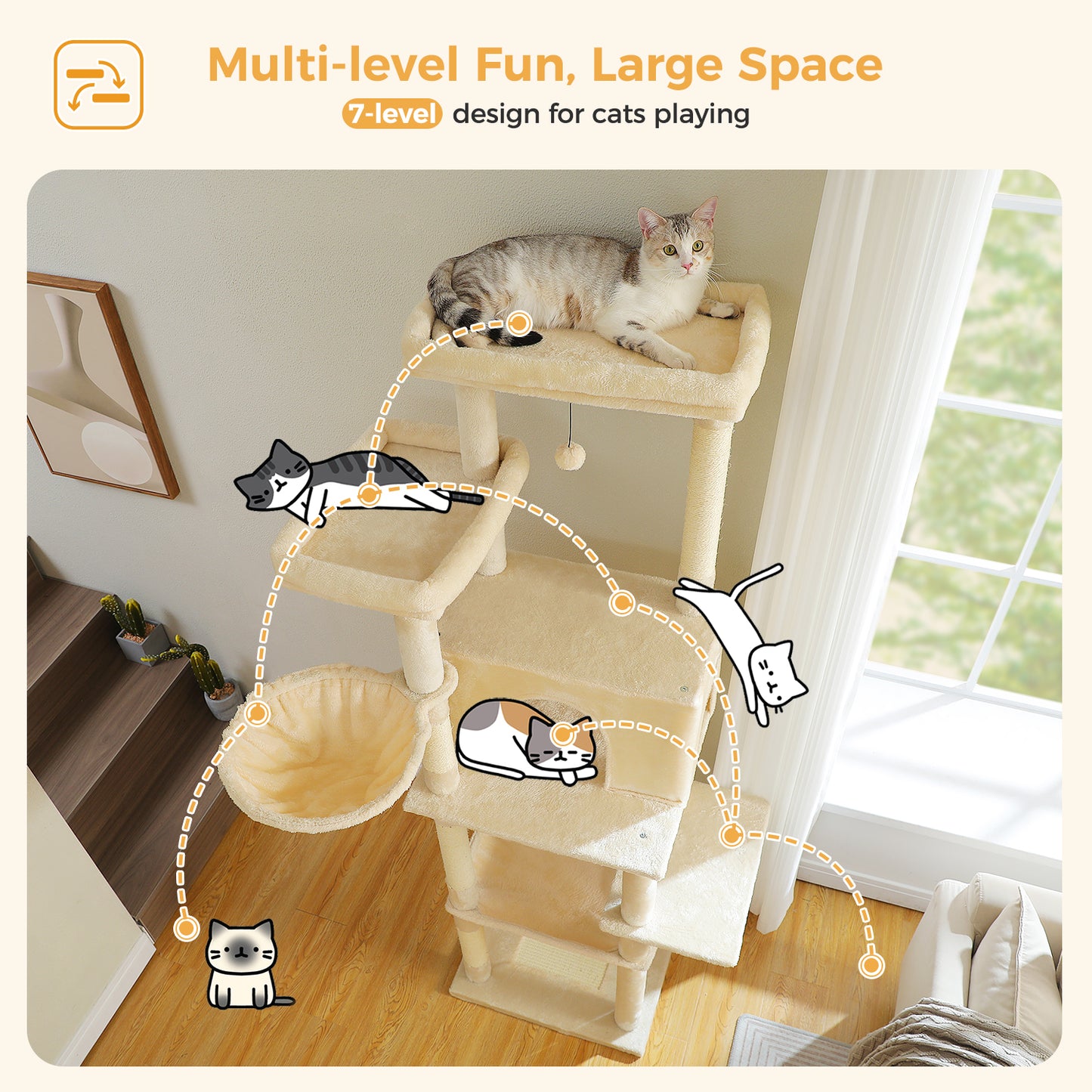 PAWZ Road Katzenturm | 73 Zoll | 1 Stange | 2 Hängematten | 8 Kratzbäume | XL Wohnung