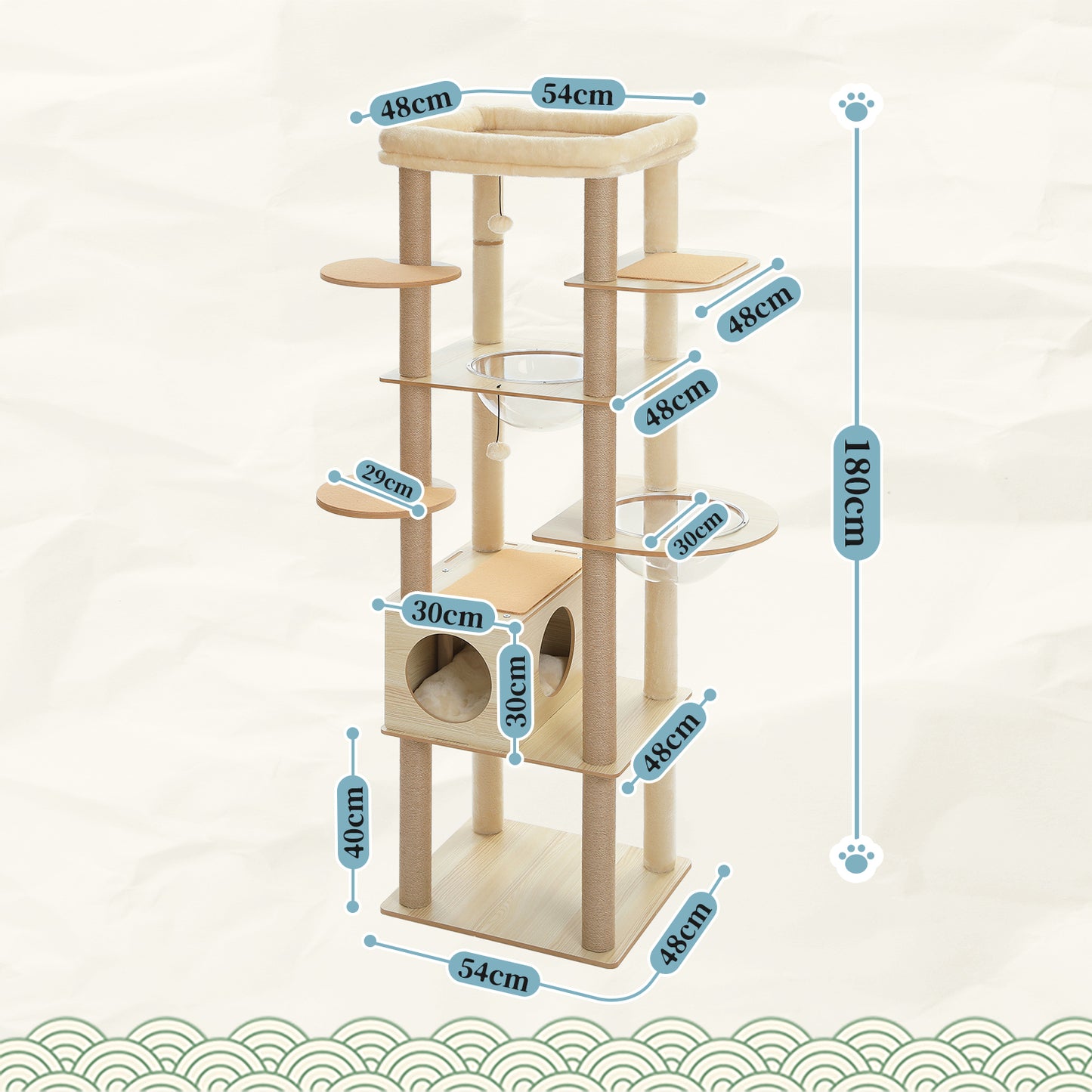 PAWZ Road Großer Katzenbaum 180 cm – Holz-Kratzturm mit Acryl-Kugelnestern | Kratzsäulen & XL-Schlafplattform für große Katzen