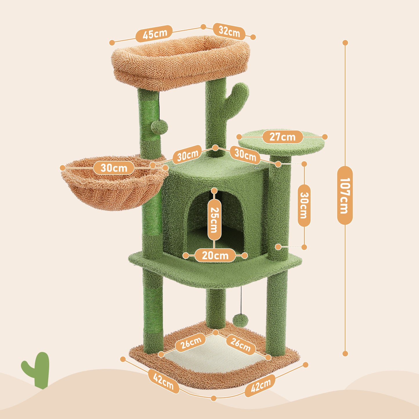 PAWZ Road Kratzbaum | mit Sisal-Kratzpfosten | Kratzbrett | große kuschelige Katzenhöhle | Korb und Plattform | Höhe 106 cm | Kaktus-Design
