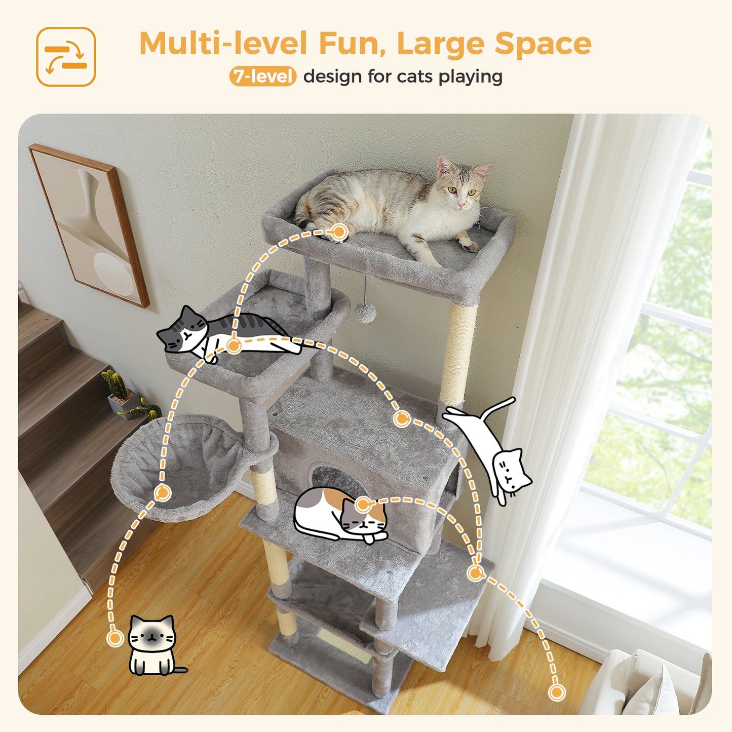 PAWZ Road Katzenturm | 73 Zoll | 1 Stange | 2 Hängematten | 8 Kratzbäume | XL Wohnung