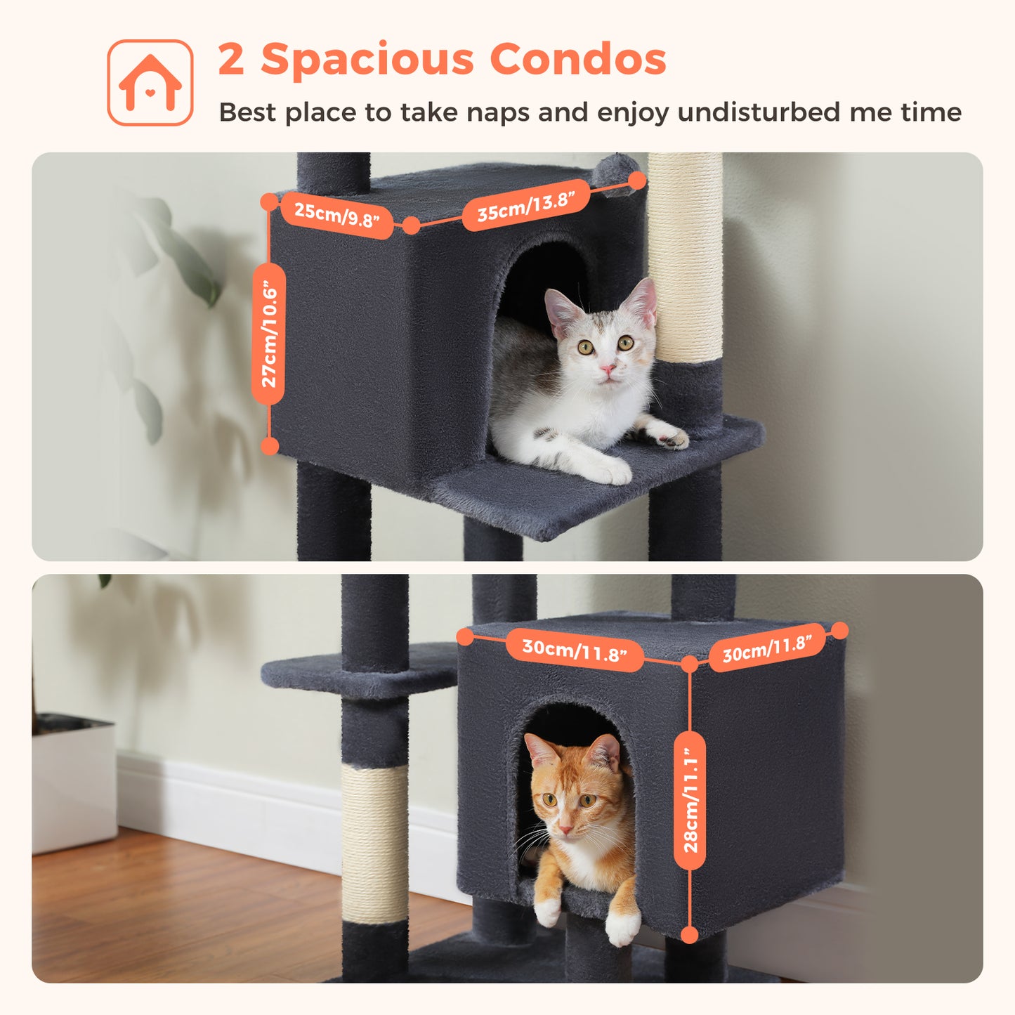 PAWZ Road Kratzbaum, 133 cm mehrstufiger Katzenbaum für Wohnungskatzen, plüschiges Katzenhaus mit 2 gepolsterten Liegeflächen, 2 Schlafhäusern & 2 Kratzpfeilern