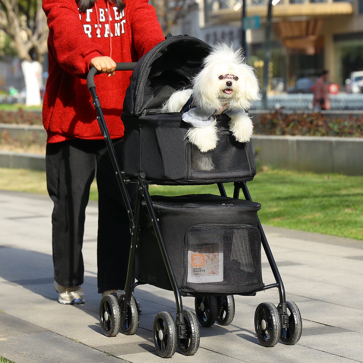 Passeggino pieghevole per cani - Sospensione a 360° + tetto ventilato a 2 stadi | Ingresso senza cerniera | Cintura di sicurezza