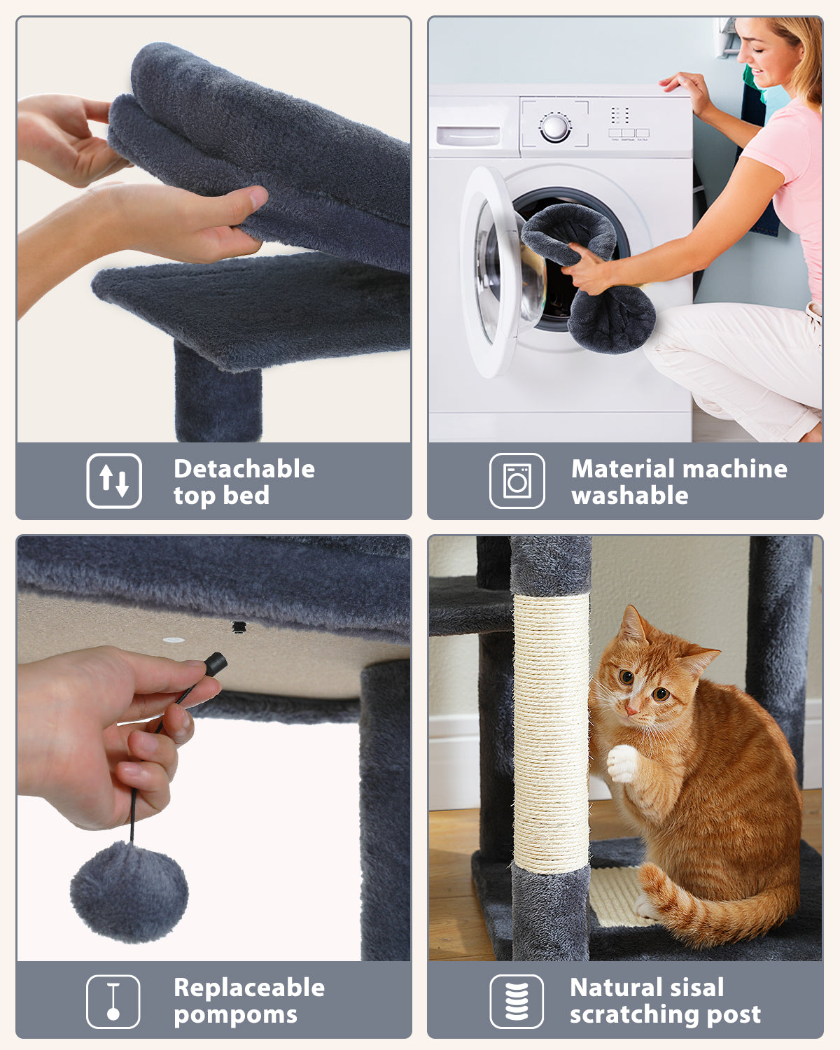 PAWZ Road 150 cm Blumen-Katzenbaum – Großer mehrstufiger Katzenturm | Niedriges Design | mit Schlafhaus | XXL Hängematte | Sisal-Pfosten & 2 Plattformen