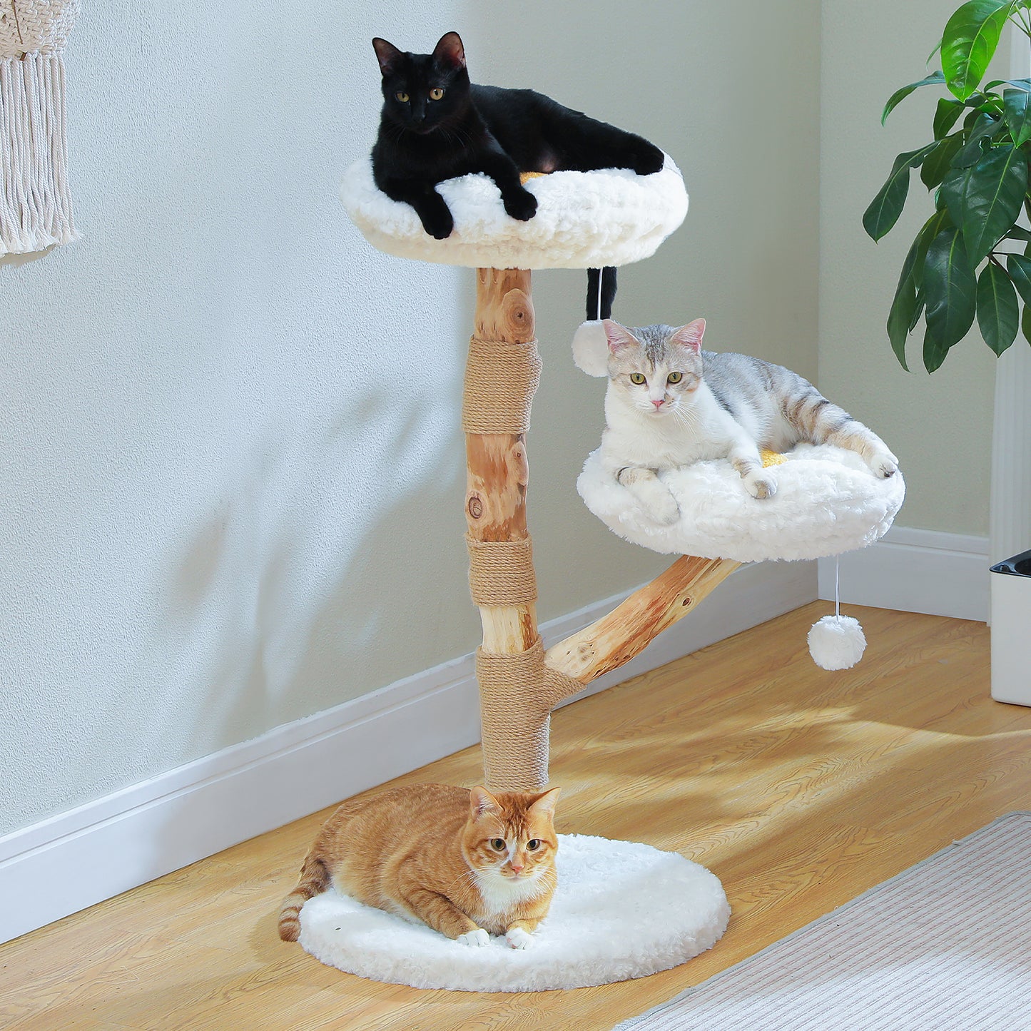 Rascador de flores moderno | Lujosa torre para gatos Boho de madera maciza | Con ramas de madera reales, columna de rascado y 2 plataformas | Diseño en blanco nube | Exclusivo para gatos de apartamento