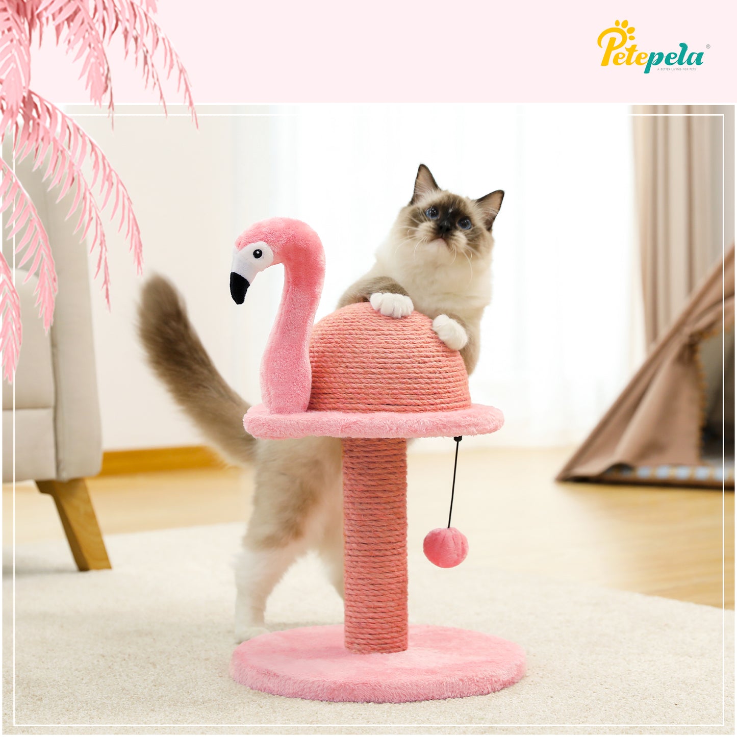 PAWZ Road cat tree in flamingo design – including replaceable balls and sisal post | With round solid wood base (stable thanks to anti-tip design)