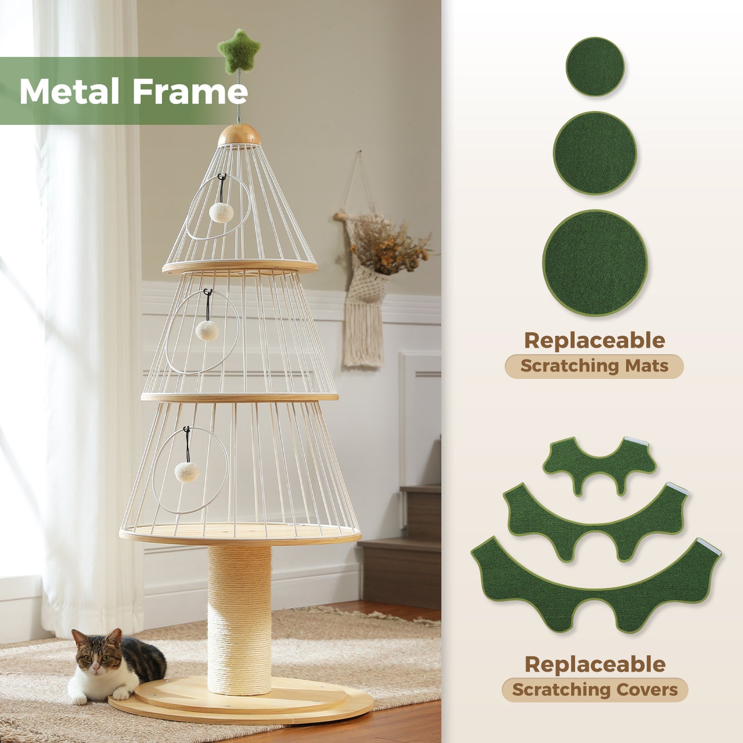 PAWZ Road Arbre de Noël pour chats, tour d'escalade multicouche de 130 cm de haut avec revêtement en sisal de 14 cm d'épaisseur pour gratter et 3 grands abris de sommeil – Arbre intérieur pour chats