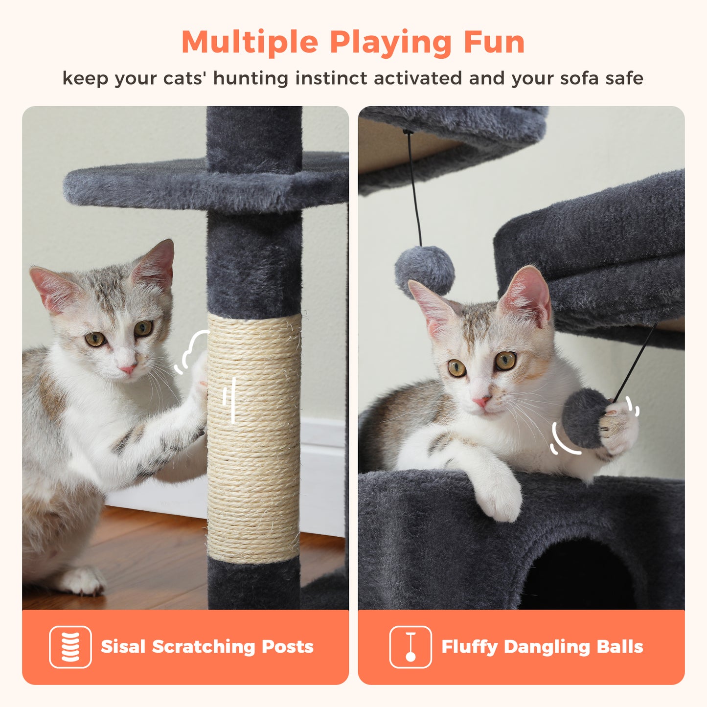 PAWZ Road Kratzbaum, 133 cm mehrstufiger Katzenbaum für Wohnungskatzen, plüschiges Katzenhaus mit 2 gepolsterten Liegeflächen, 2 Schlafhäusern & 2 Kratzpfeilern