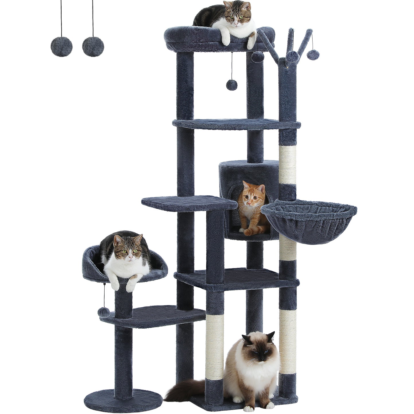 PAWZ Road 150 cm Blumen-Katzenbaum – Großer mehrstufiger Katzenturm | Niedriges Design | mit Schlafhaus | XXL Hängematte | Sisal-Pfosten & 2 Plattformen