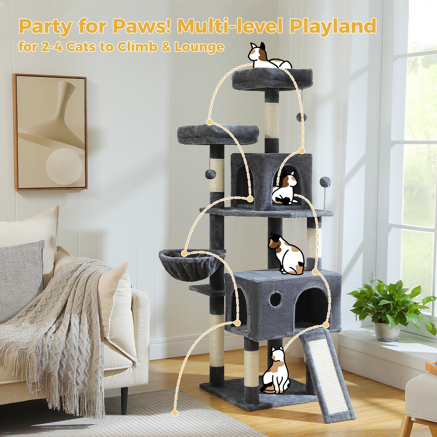PAWZ Road XXL-Árbol rascador 162cm | Columnas rascadoras envueltas en sisal | Con gran hamaca + 2 plataformas superiores | Incl. pelotas de juego intercambiables | Para razas de gatos grandes