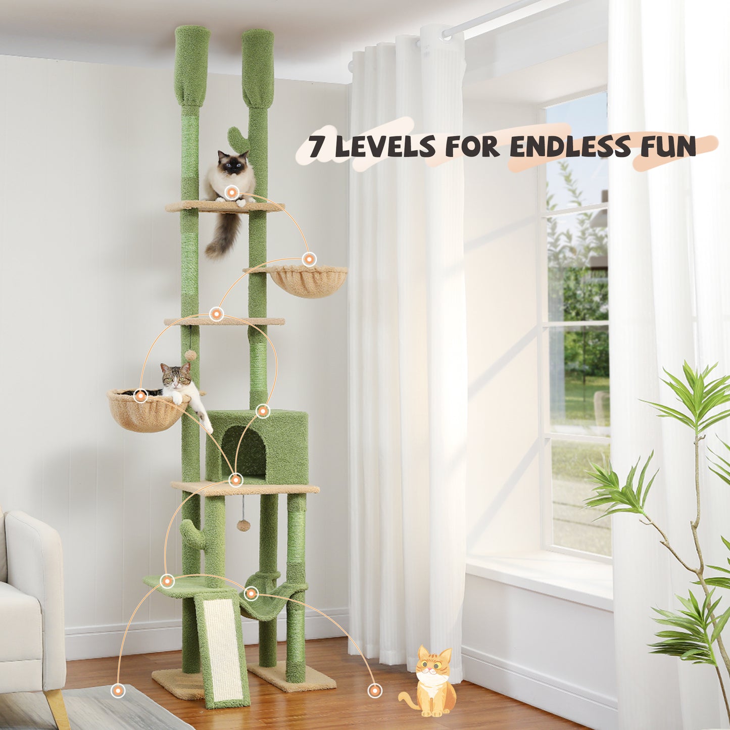 PAWZ Road Cactus Cat Tree – Ceiling-high scratching post with adjustable height (215-285 cm) | 7-tier climbing center | with hammocks | 5 platforms | sisal scratching posts
